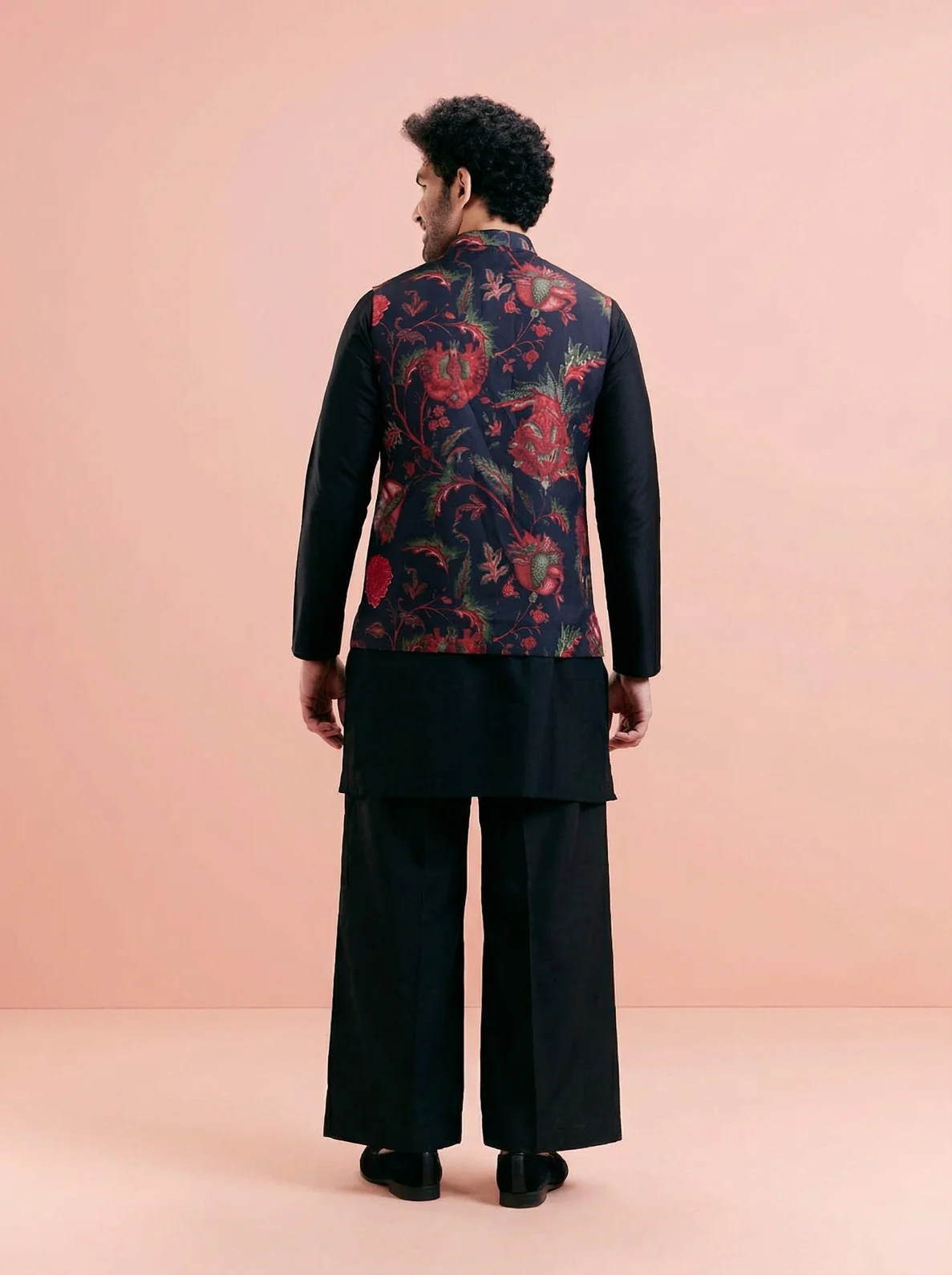 Black Cotton Blend Printed Mid Kurta Jacket Wide Leg Trouser Set - Image 3