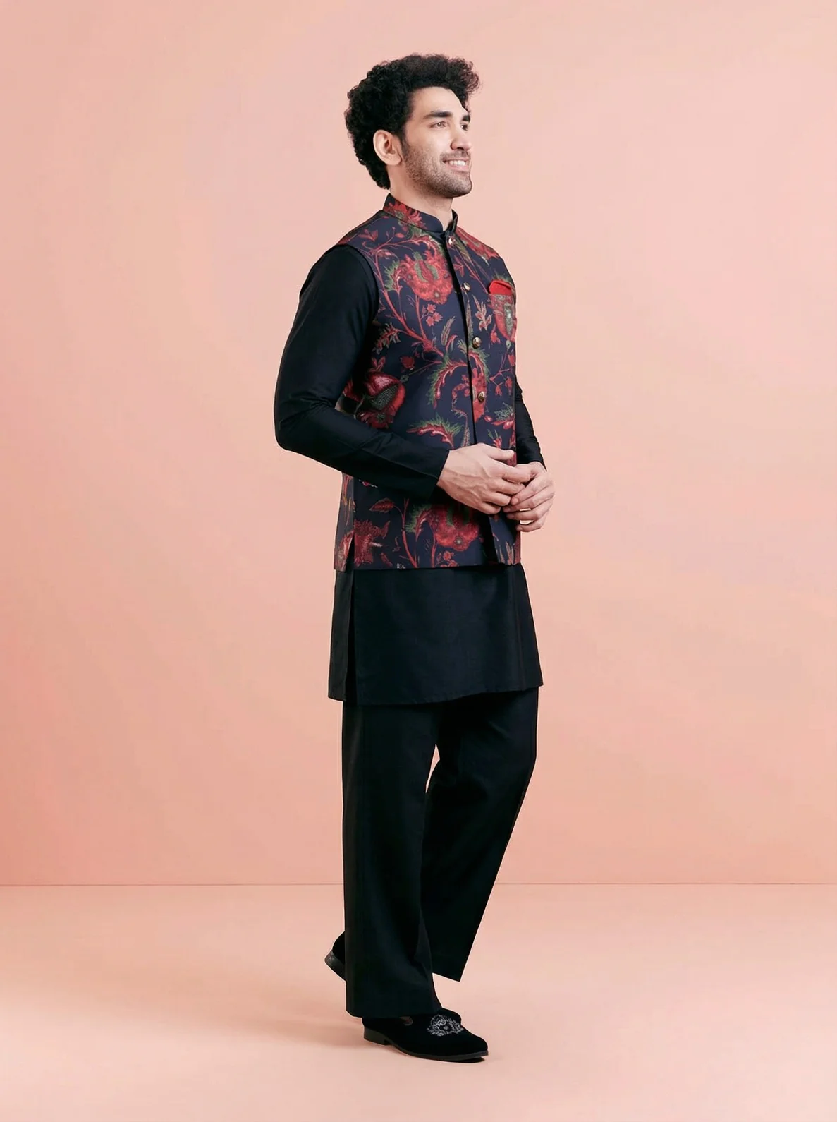 Black Cotton Blend Printed Mid Kurta Jacket Wide Leg Trouser Set - Image 6