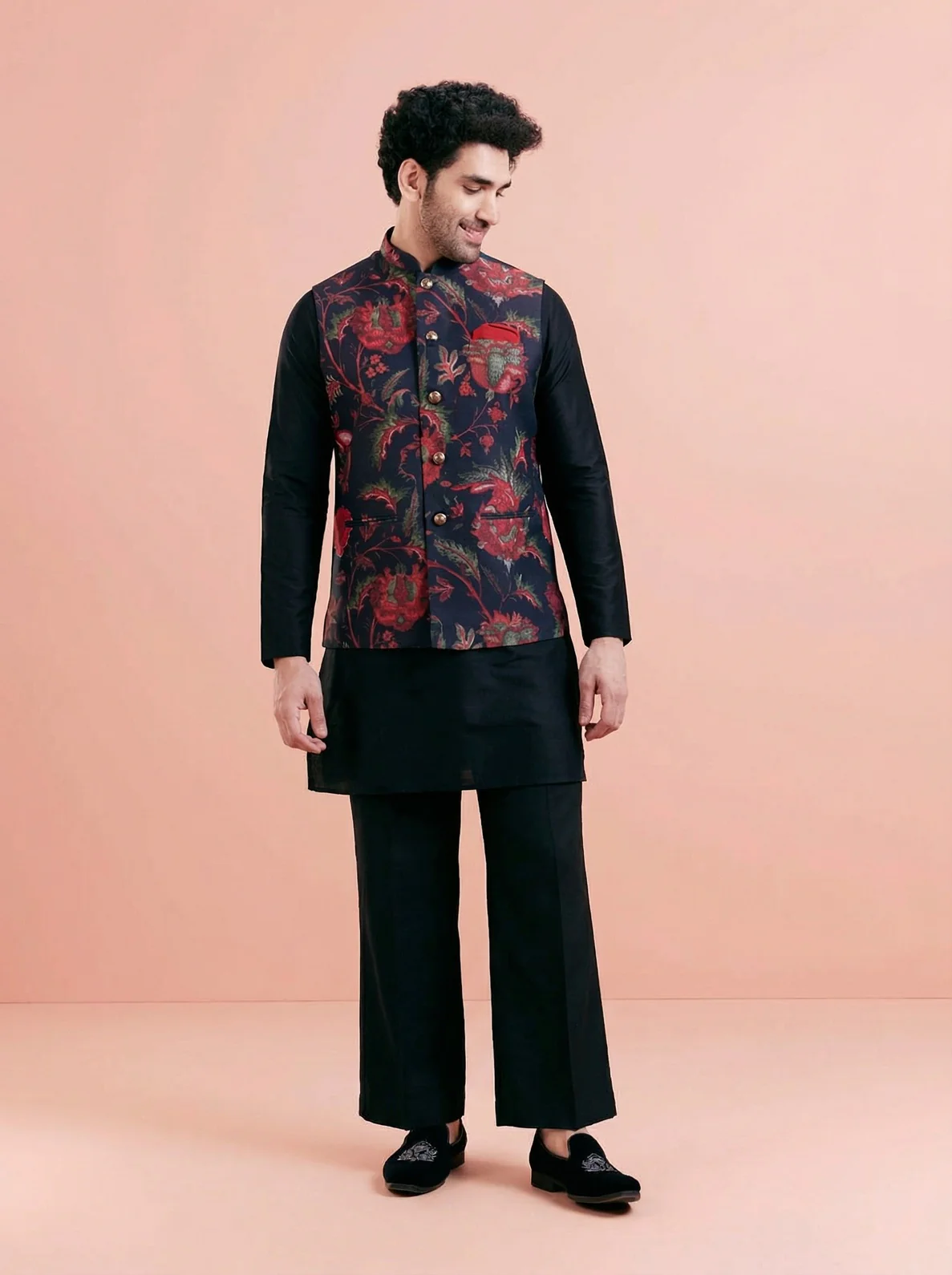Black Cotton Blend Printed Mid Kurta Jacket Wide Leg Trouser Set - Image 7