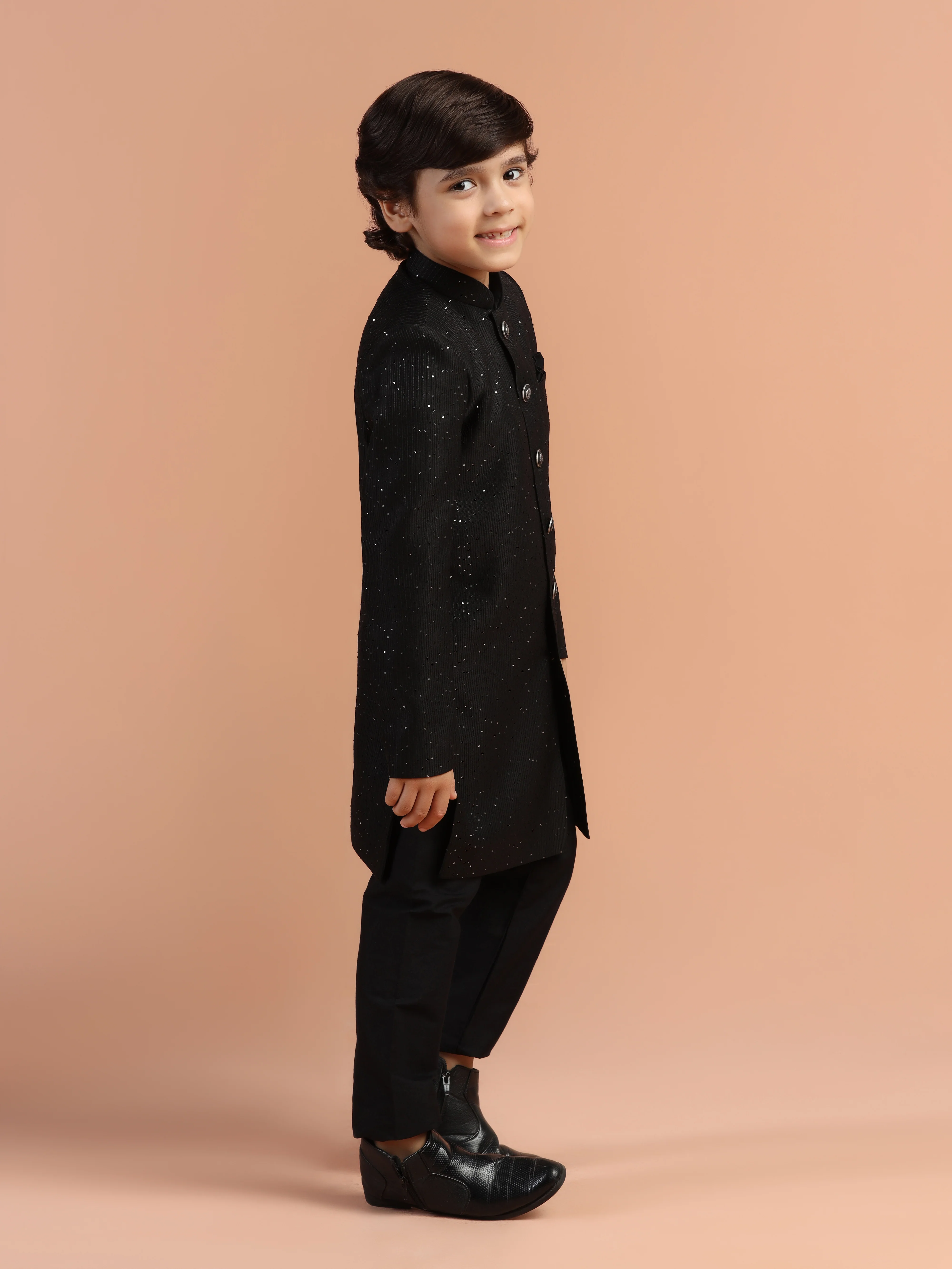 Black Cotton Blend Sherwani Kurta Pyjama Set - Image 3