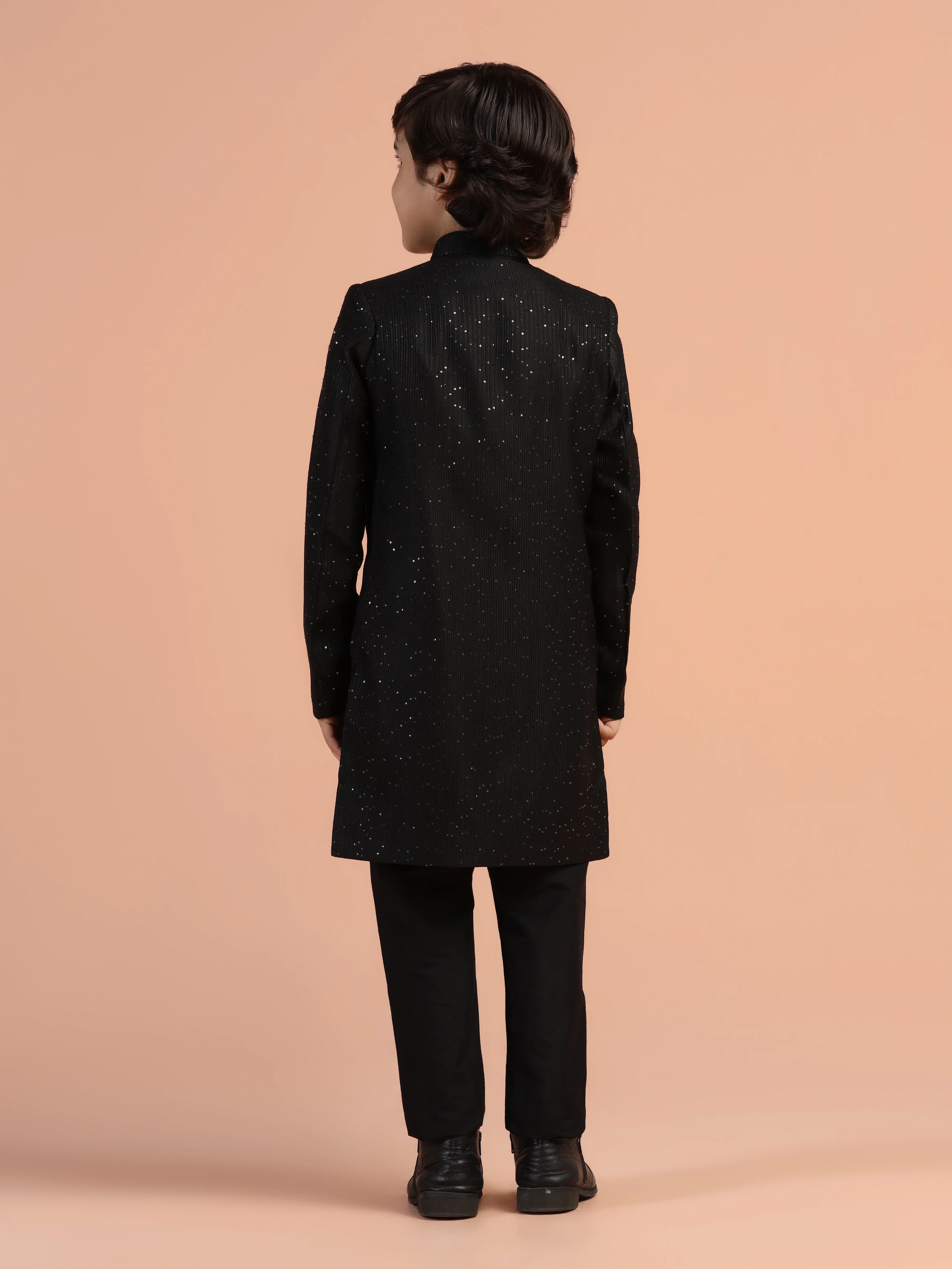 Black Cotton Blend Sherwani Kurta Pyjama Set - Image 4