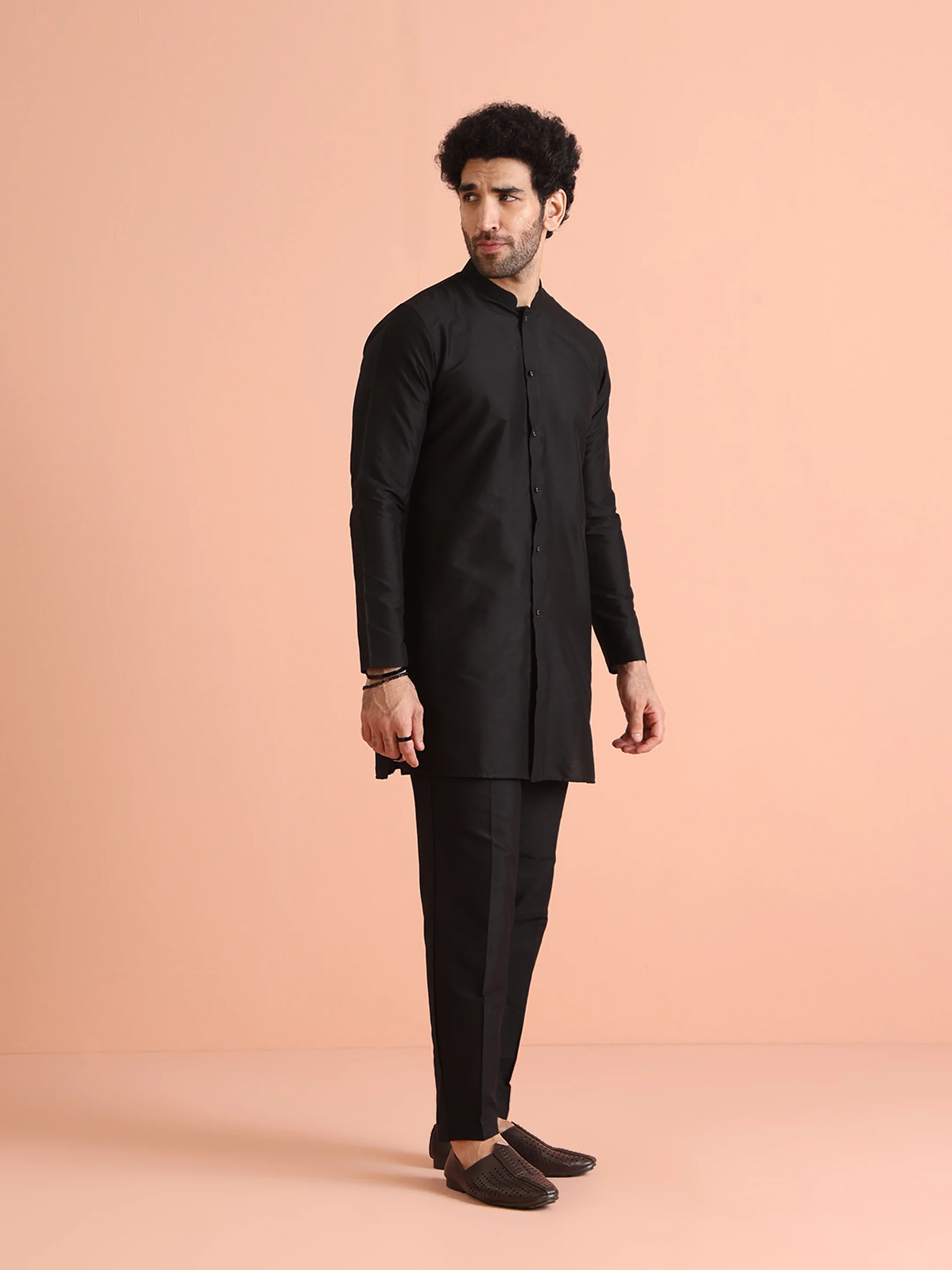 Black Cotton Blend Solid Front Open Mid Kurta Trouser Set - Image 2