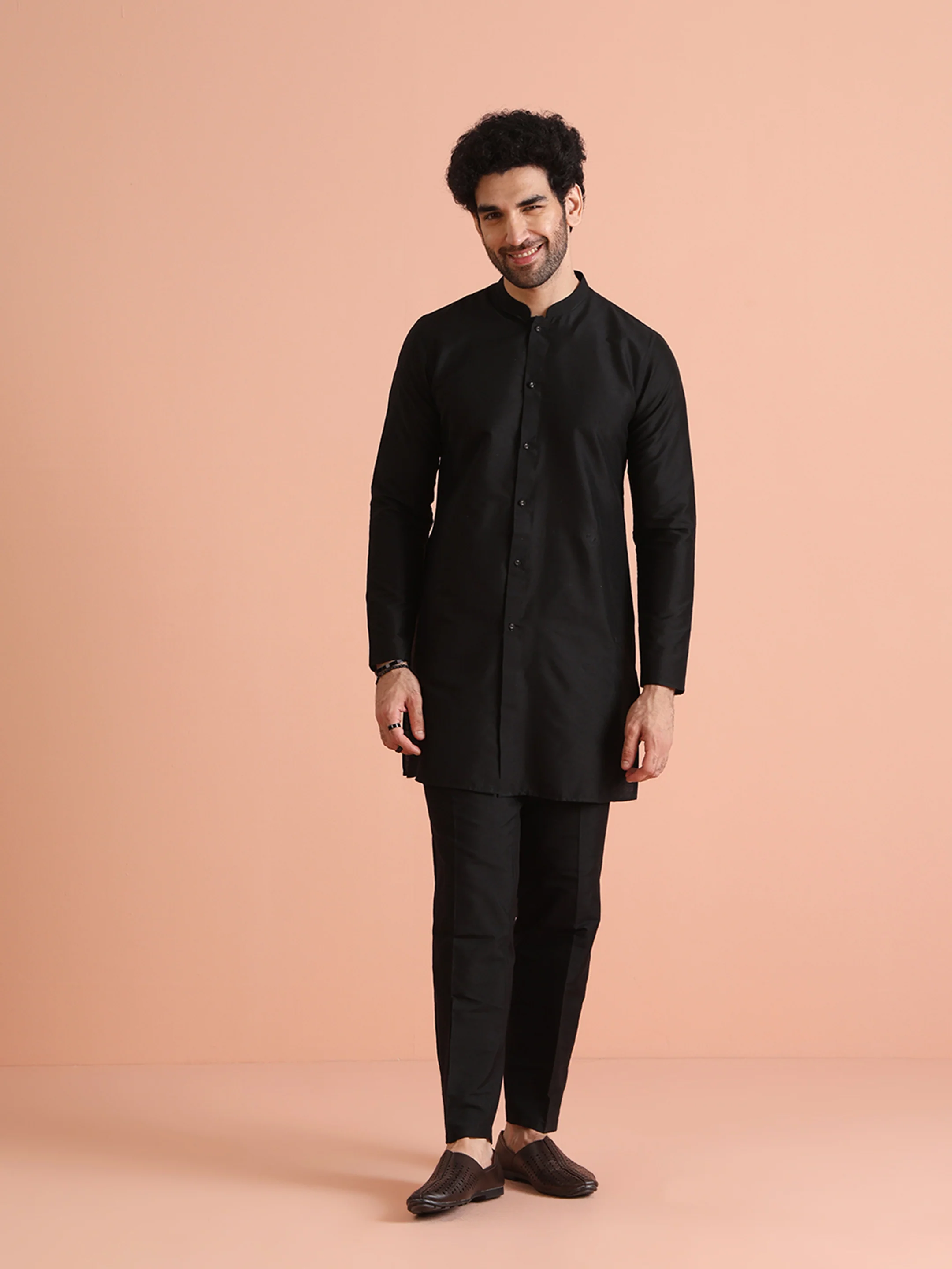 Black Cotton Blend Solid Front Open Mid Kurta Trouser Set - Image 7