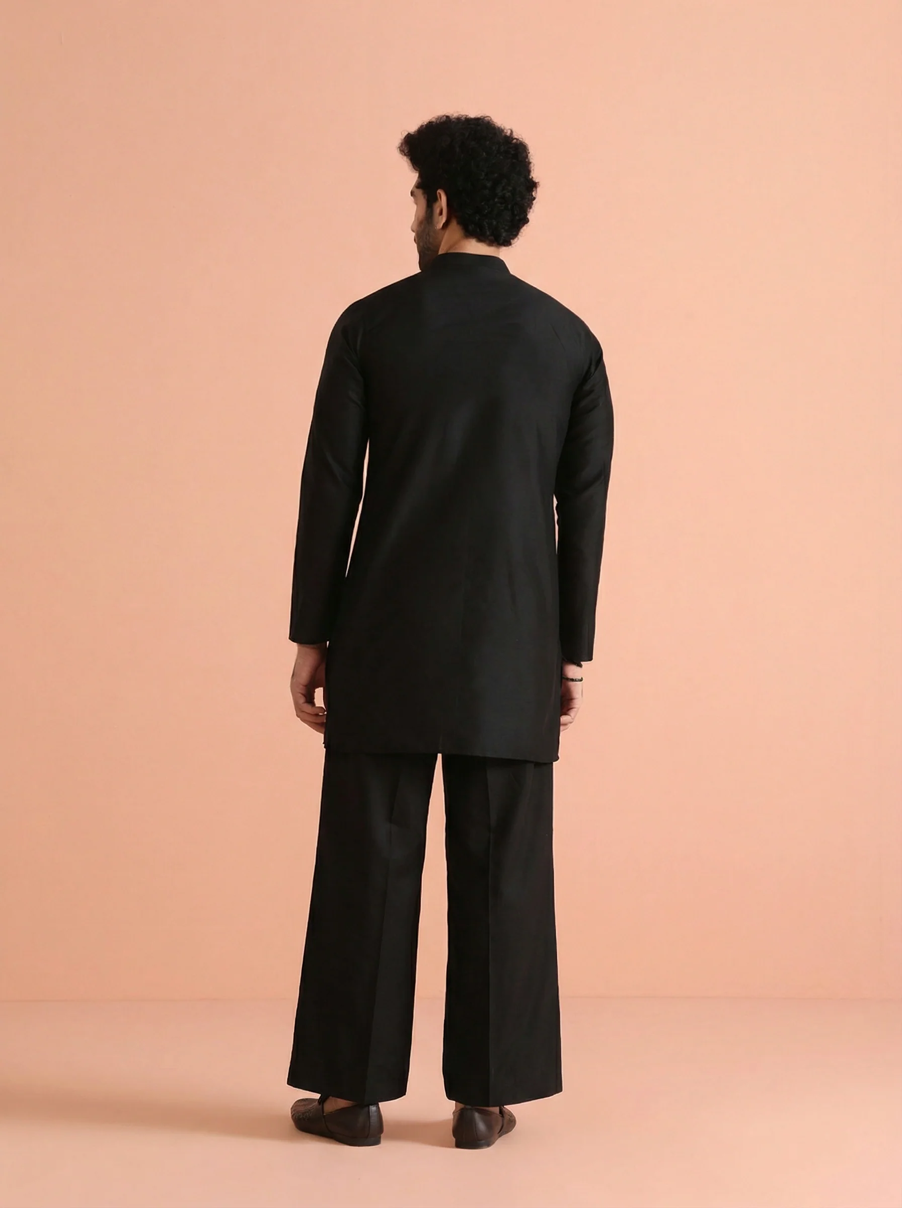 Black Cotton Blend Solid Front Open Mid Kurta Wide Leg Trouser Set - Image 3