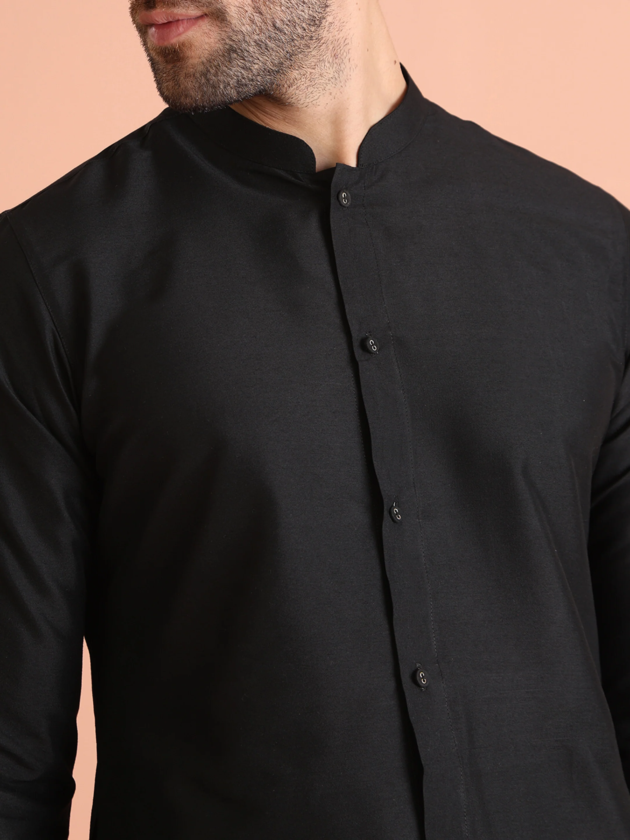 Black Cotton Blend Solid Front Open Mid Kurta Wide Leg Trouser Set - Image 4