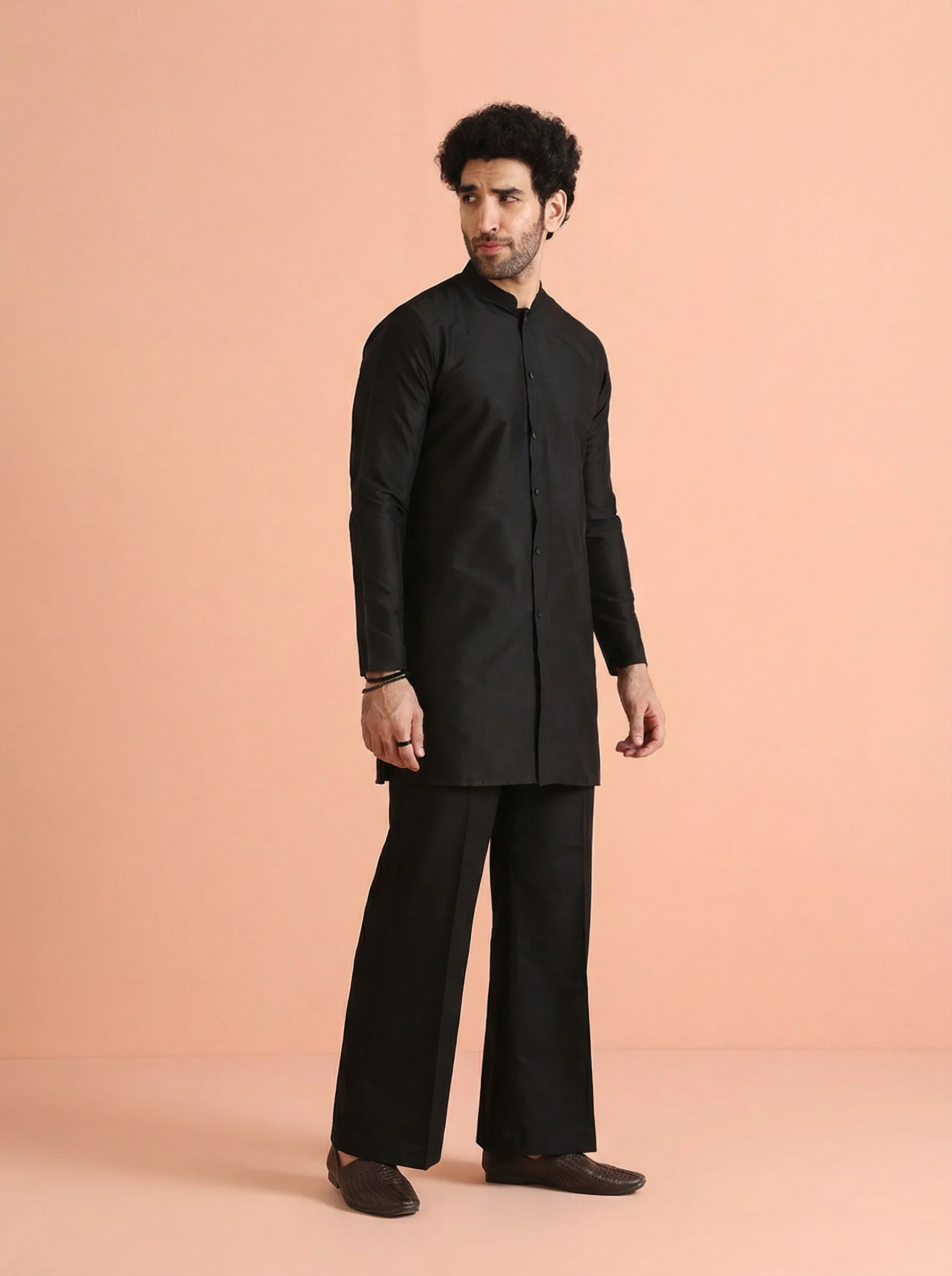 Black Cotton Blend Solid Front Open Mid Kurta Wide Leg Trouser Set - Image 6