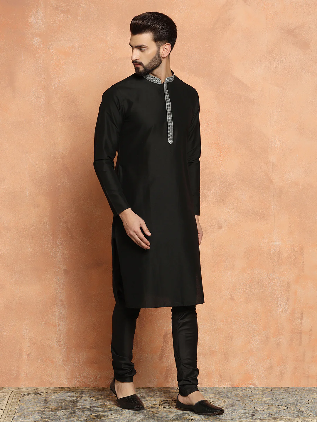Black Cotton Blend Solid Kurta Churidar Set - Image 2