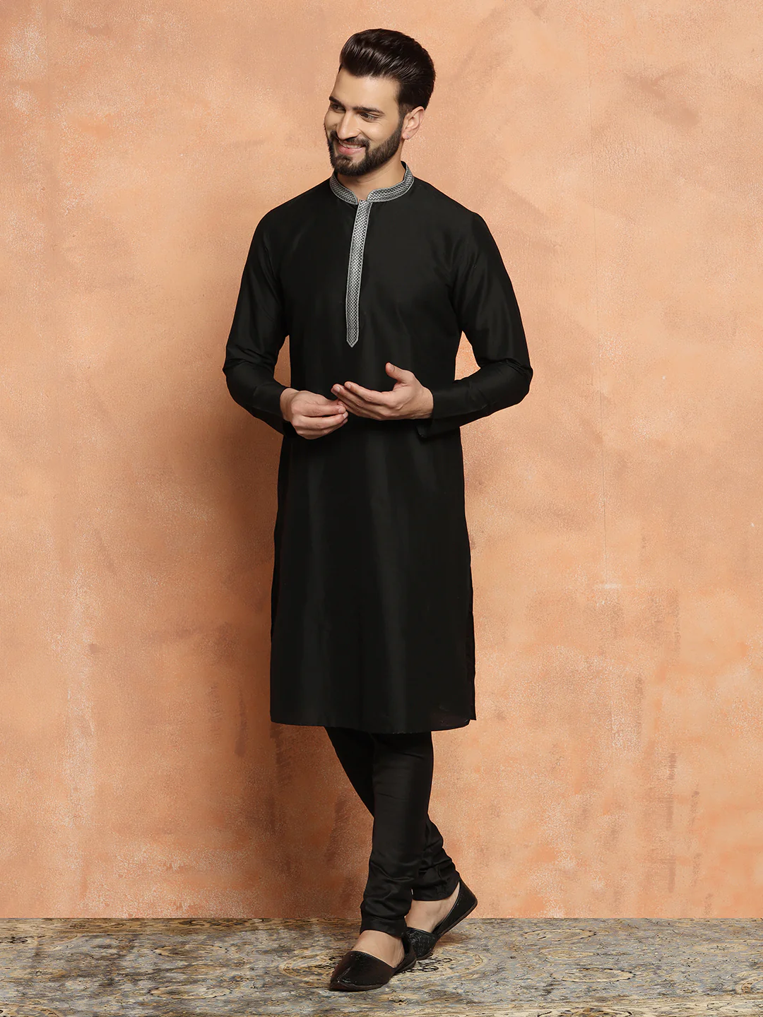 Black Cotton Blend Solid Kurta Churidar Set - Image 3