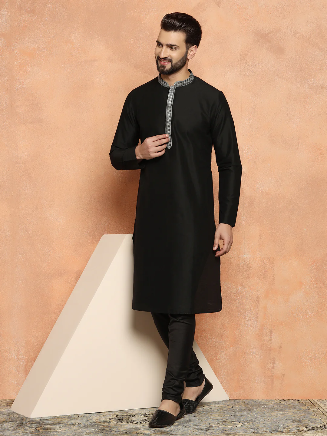 Black Cotton Blend Solid Kurta Churidar Set - Image 7