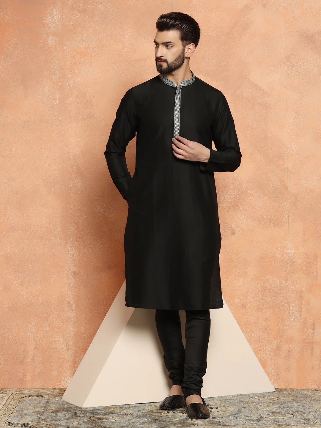 Black Cotton Blend Solid Kurta Churidar Set - Image 8