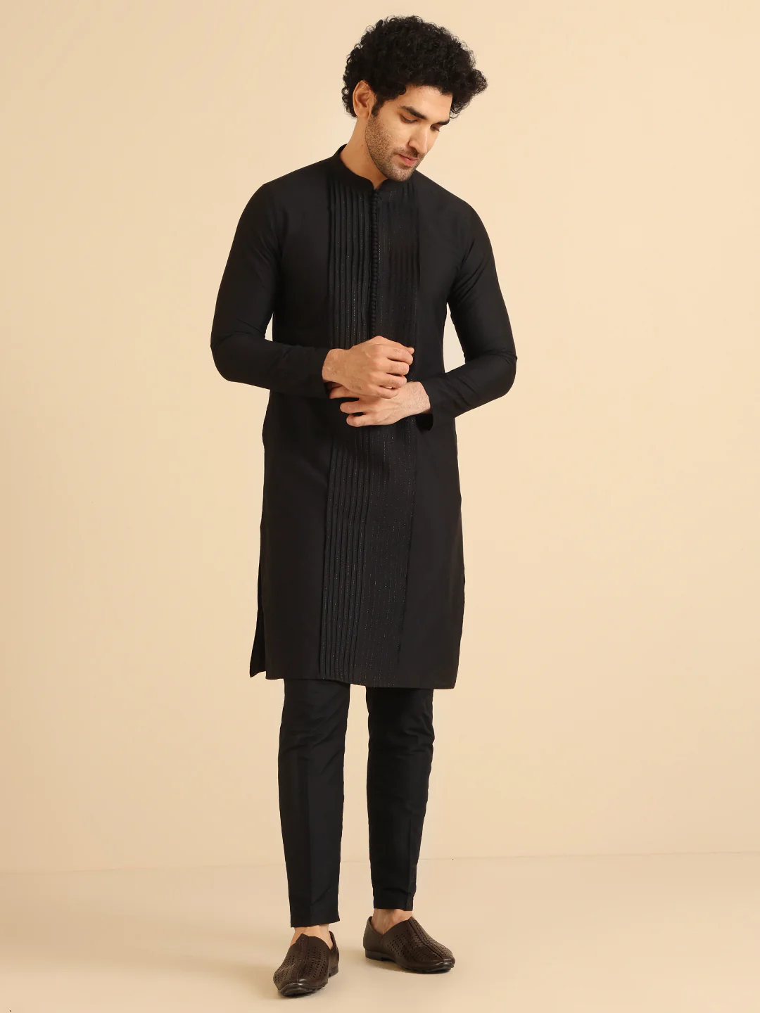 Black Cotton Blend Solid Kurta Trouser Set - Image 7