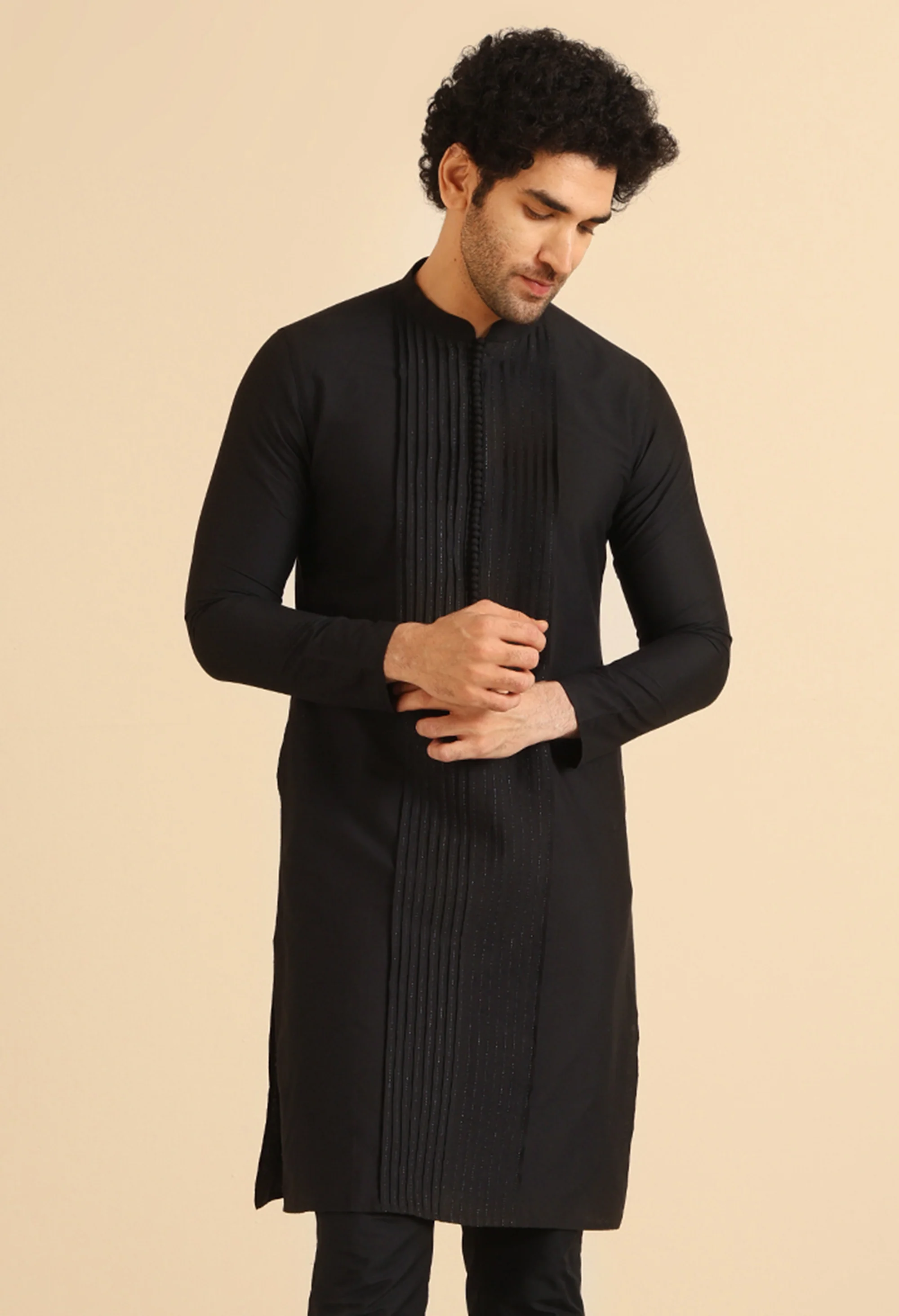 Black Cotton Blend Solid Long Kurta - Image 7
