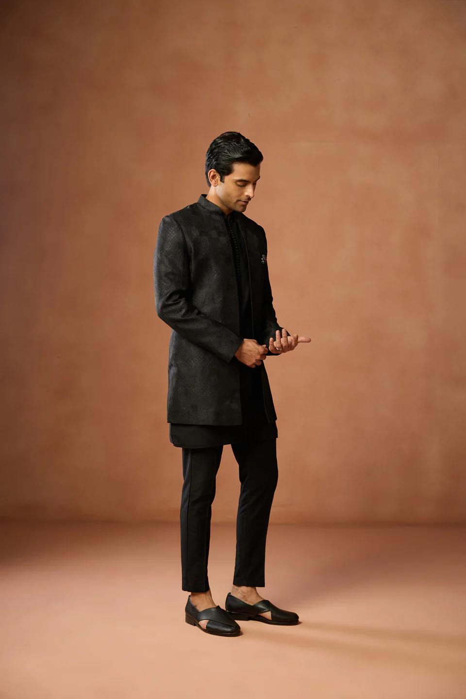Black Silk Blend Short Sherwani Kurta Trouser Set - Image 2