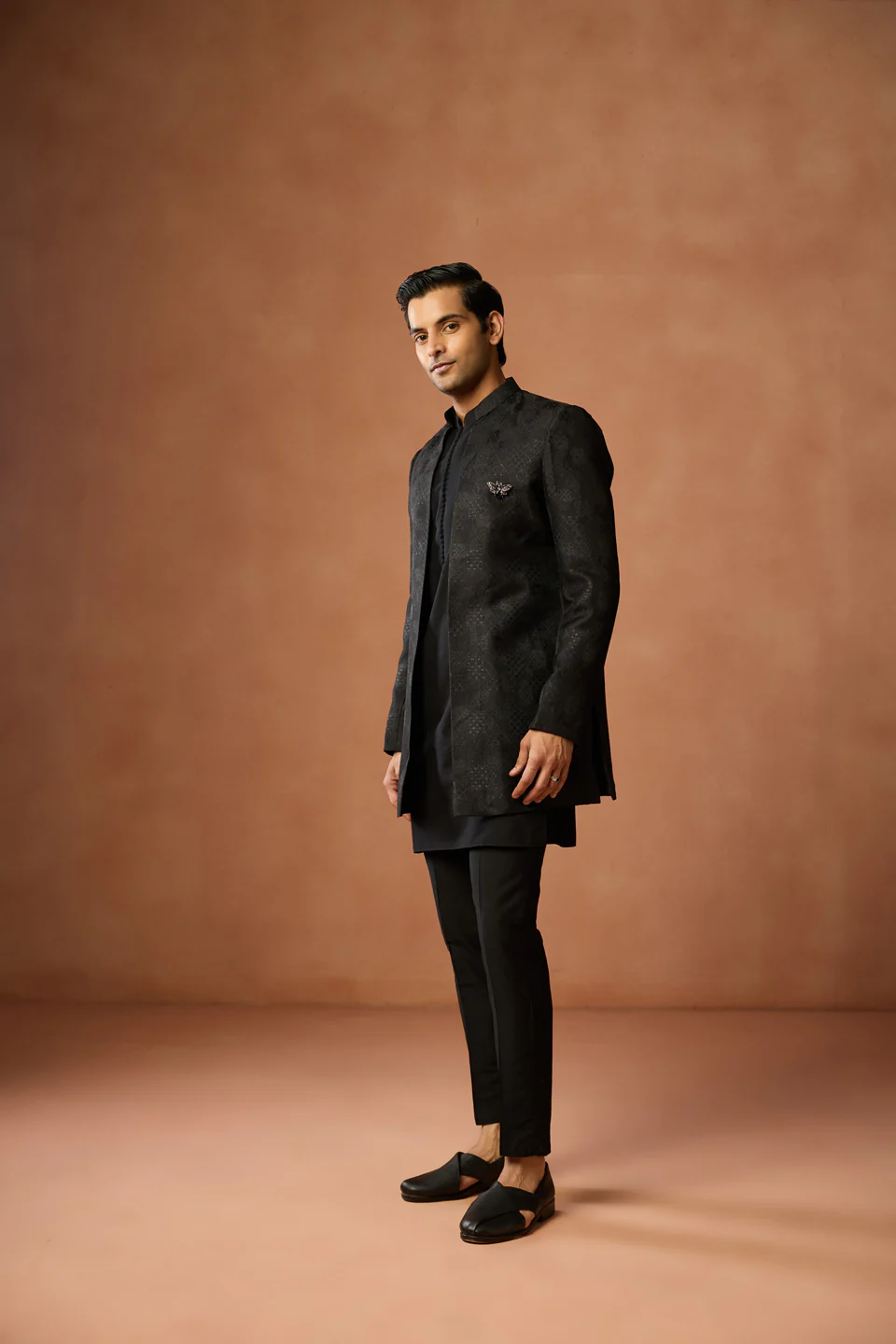 Black Silk Blend Short Sherwani Kurta Trouser Set - Image 3