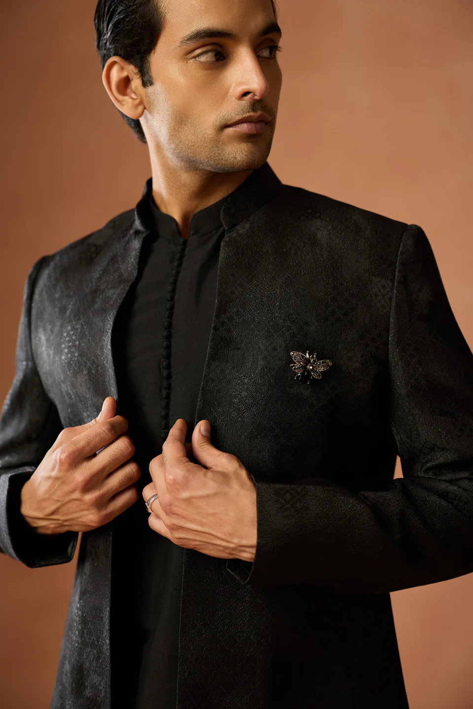 Black Silk Blend Short Sherwani Kurta Trouser Set - Image 5