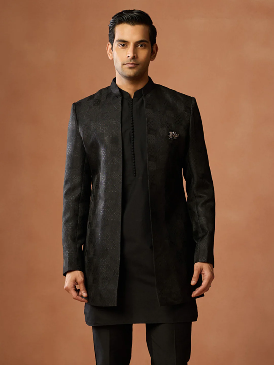 Black Silk Blend Short Sherwani Kurta Trouser Set - Image 7