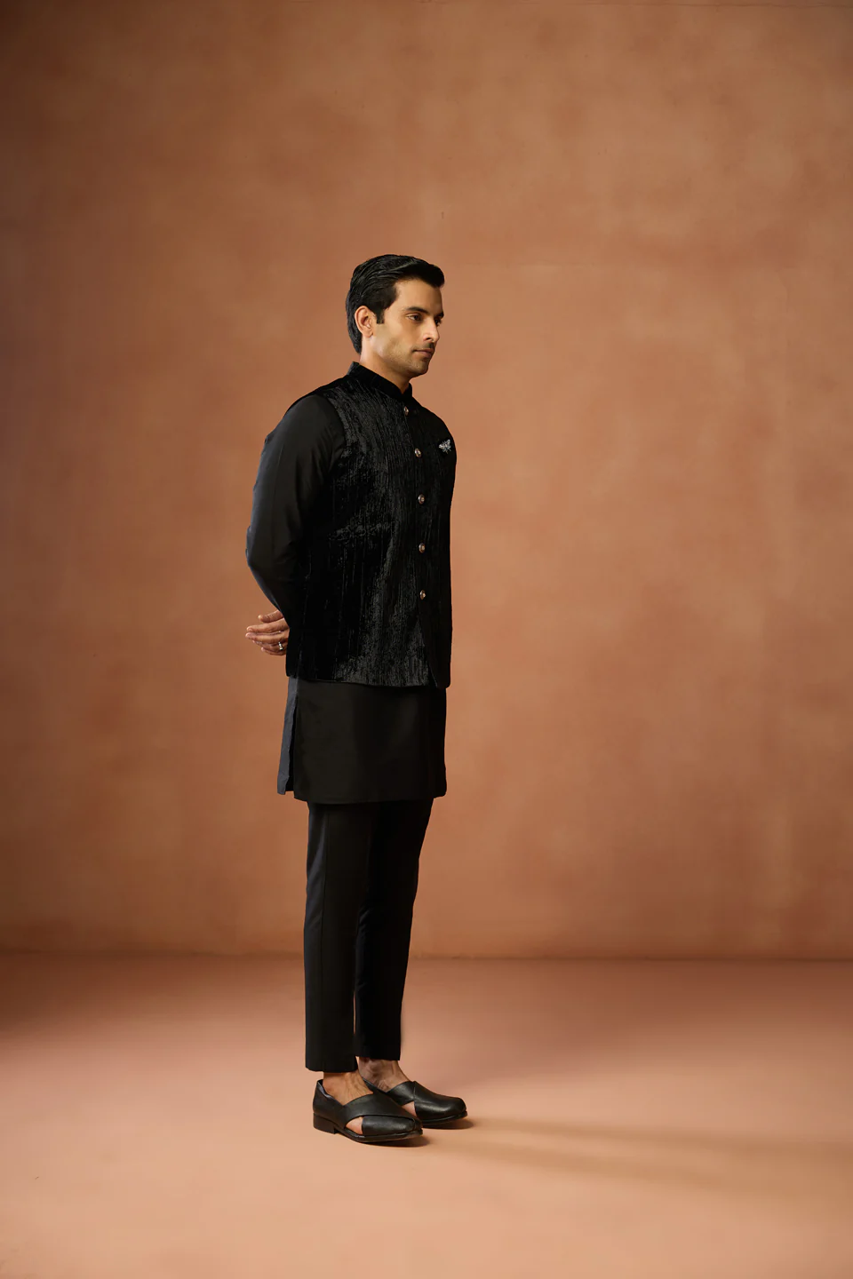 Black Silk Blend Kurta Trouser with Velvet Jacket - Image 2