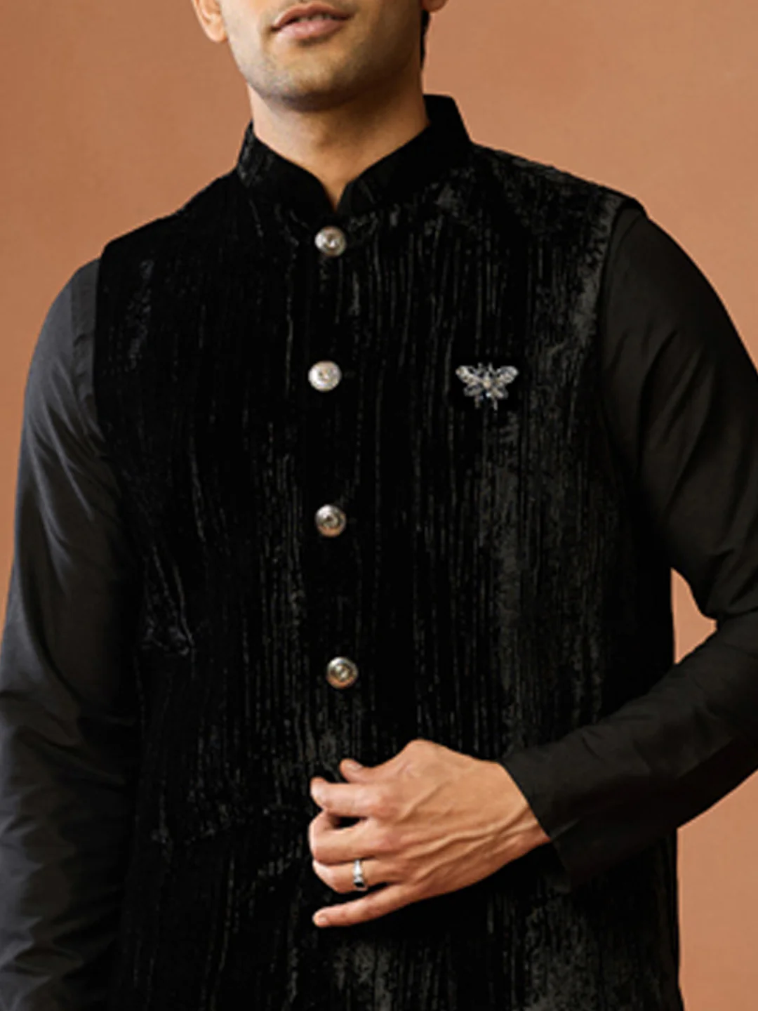 Black Silk Blend Kurta Trouser with Velvet Jacket - Image 5