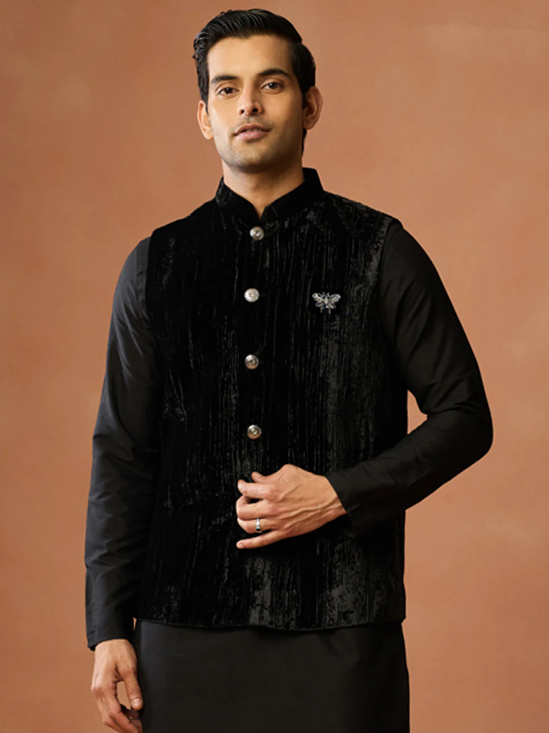 Black Silk Blend Kurta Trouser with Velvet Jacket - Image 7