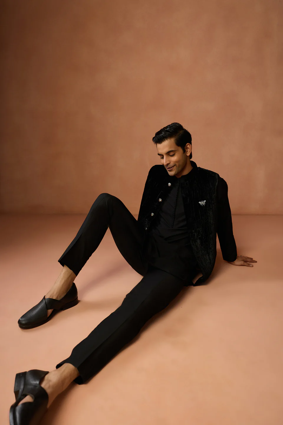 Black Silk Blend Kurta Trouser with Velvet Jacket - Image 8