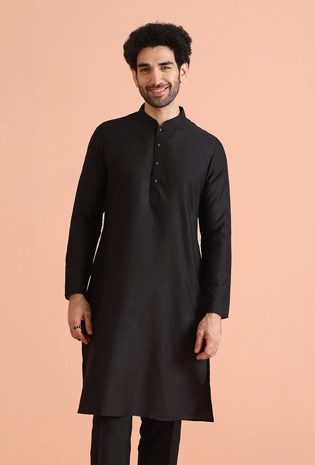 Black Cotton Blend Solid Plain Kurta - Image 7