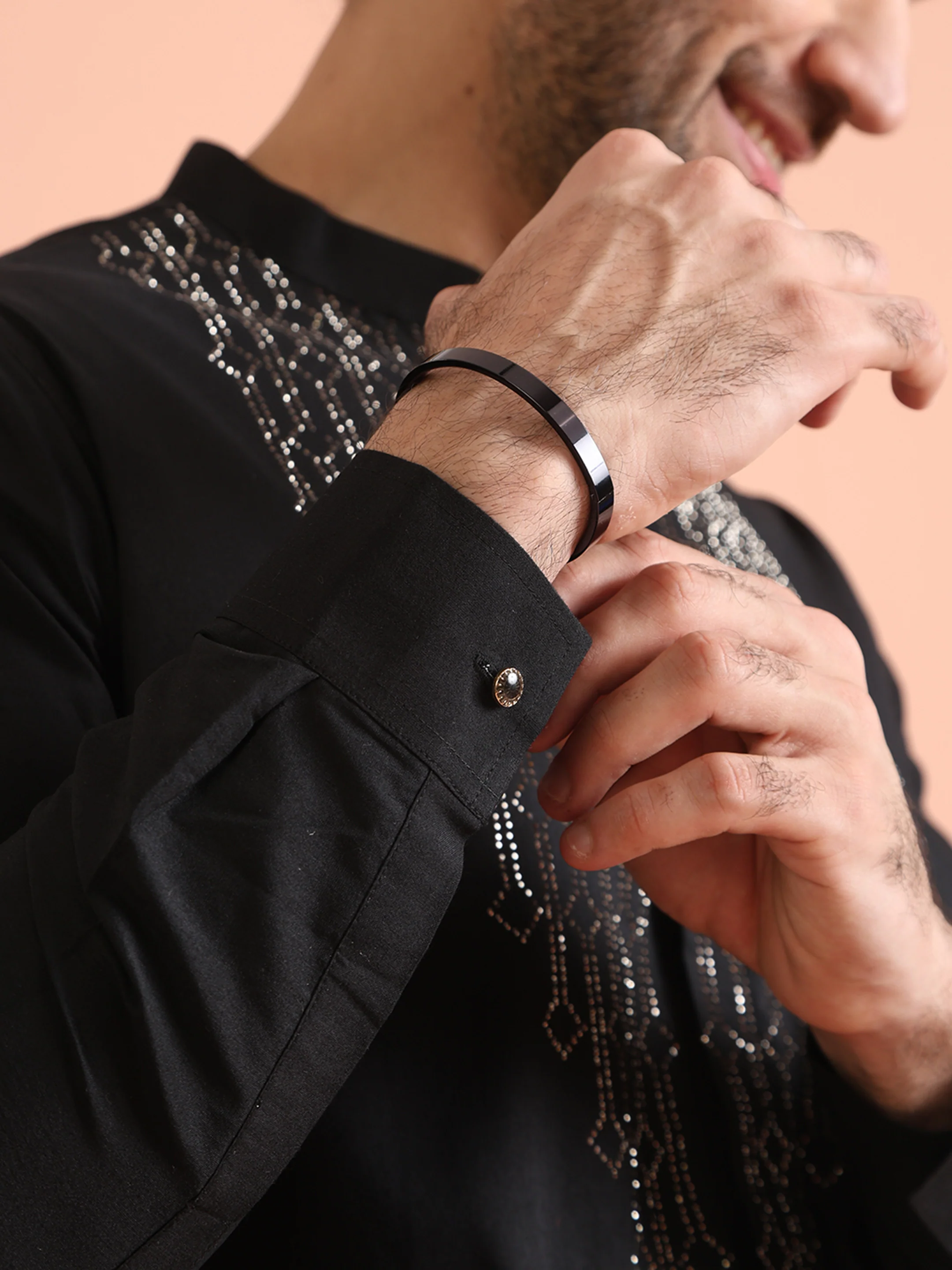 Black Cotton Blend Swarovski Embellished Front Open Kurta - Image 5