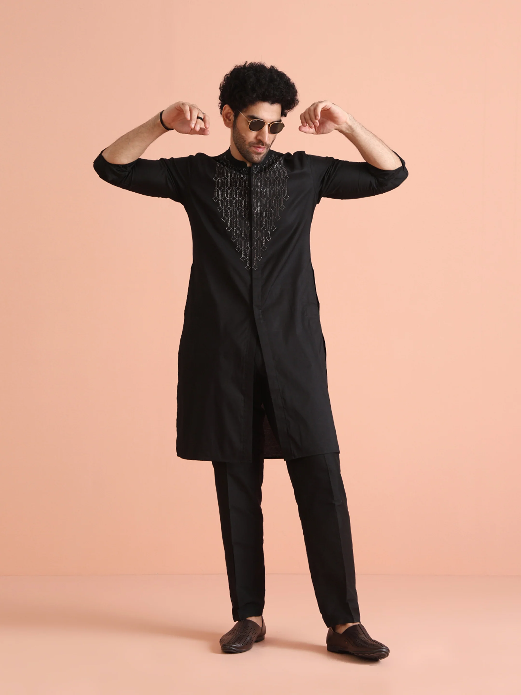 Black Cotton Blend Swarovski Embellished Front Open Kurta - Image 6