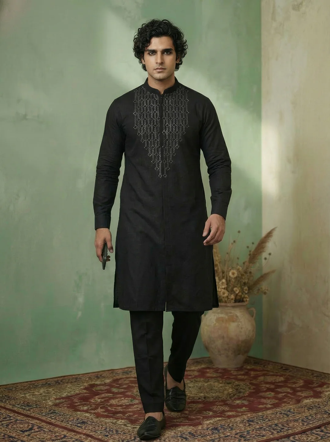 Black Cotton Blend Swarovski Embellished Front Open Kurta Trouser Set
