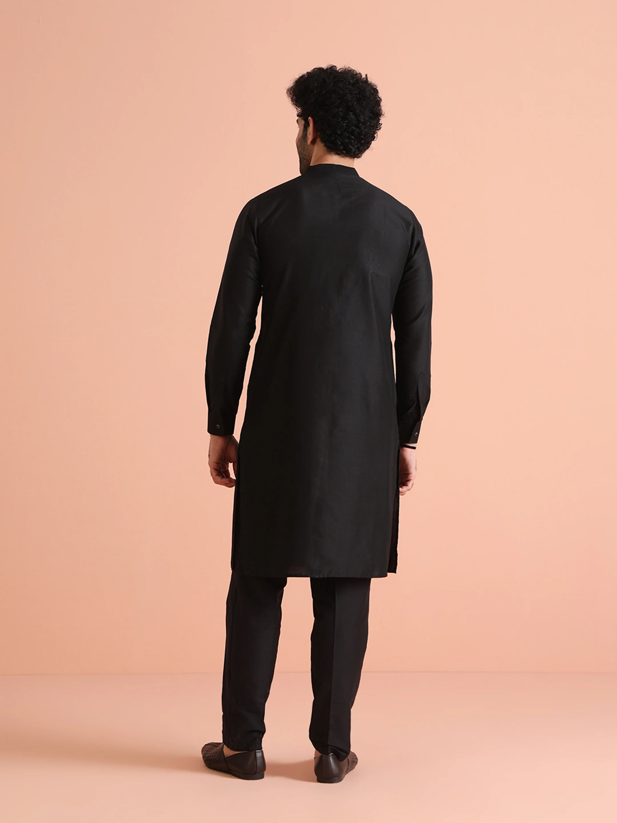 Black Cotton Blend Swarovski Embellished Front Open Kurta Trouser Set - Image 4