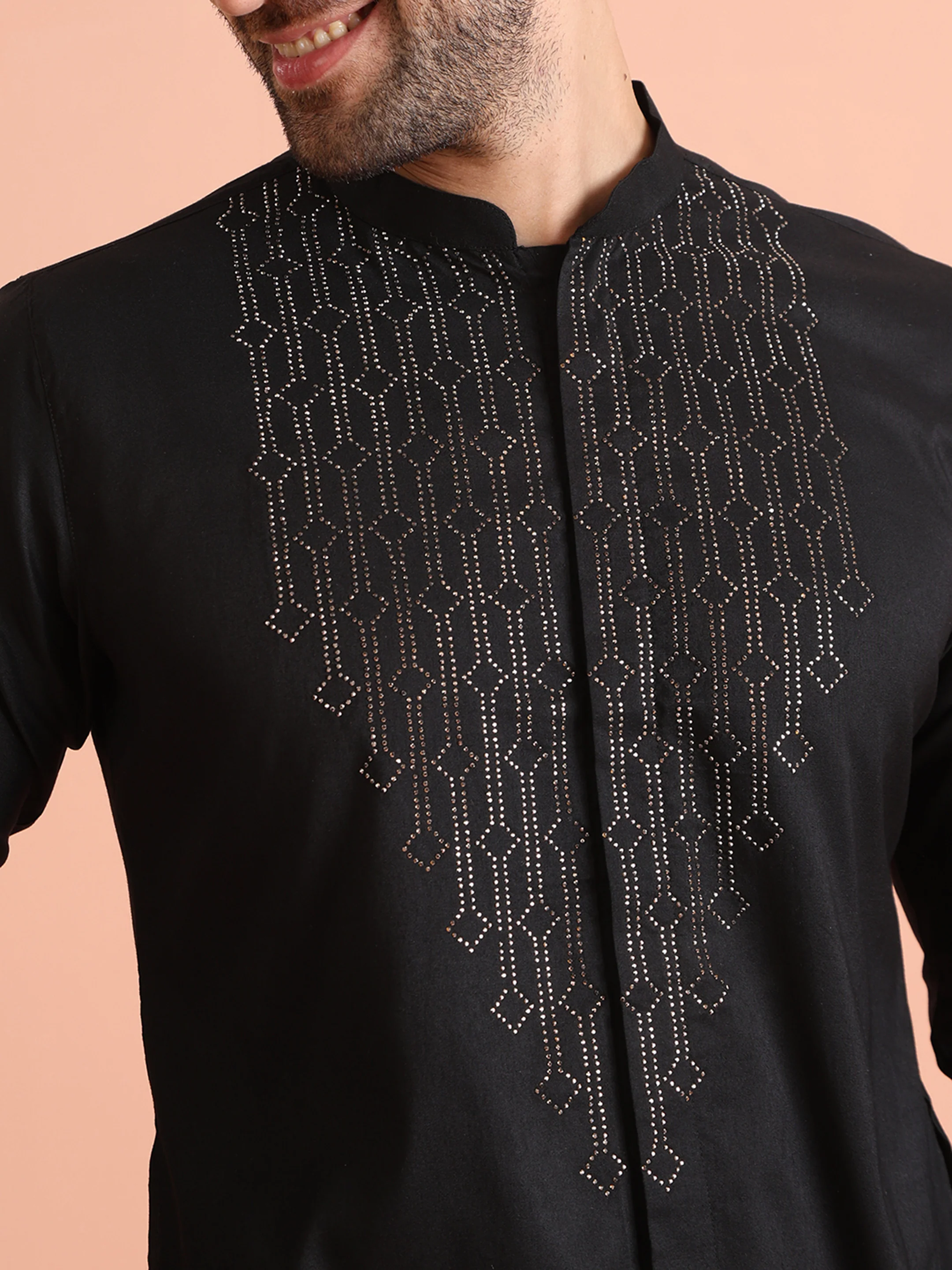 Black Cotton Blend Swarovski Embellished Front Open Kurta Trouser Set - Image 5