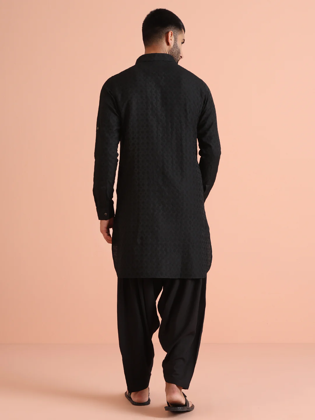 Black Cotton Blend Textured Long Pathani Kurta - Image 4