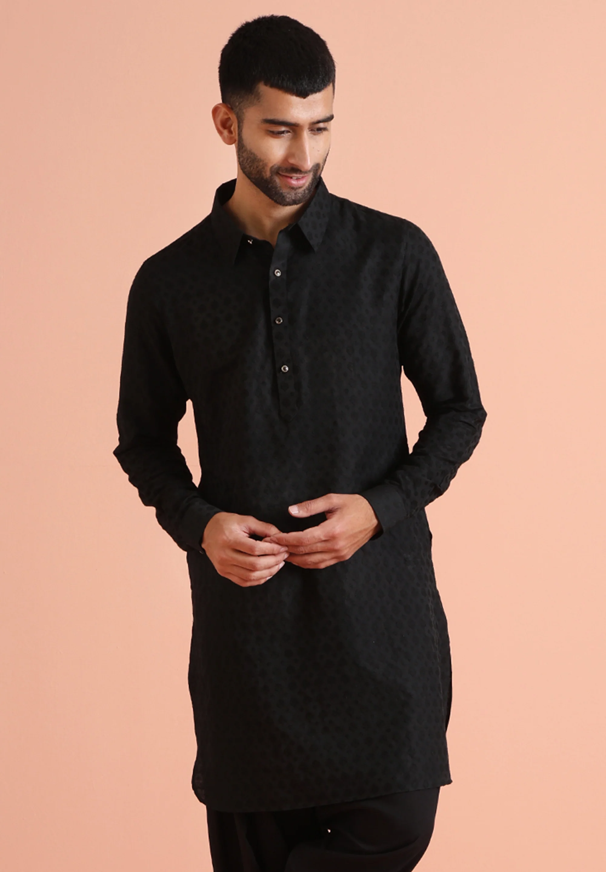 Black Cotton Blend Textured Long Pathani Kurta - Image 7