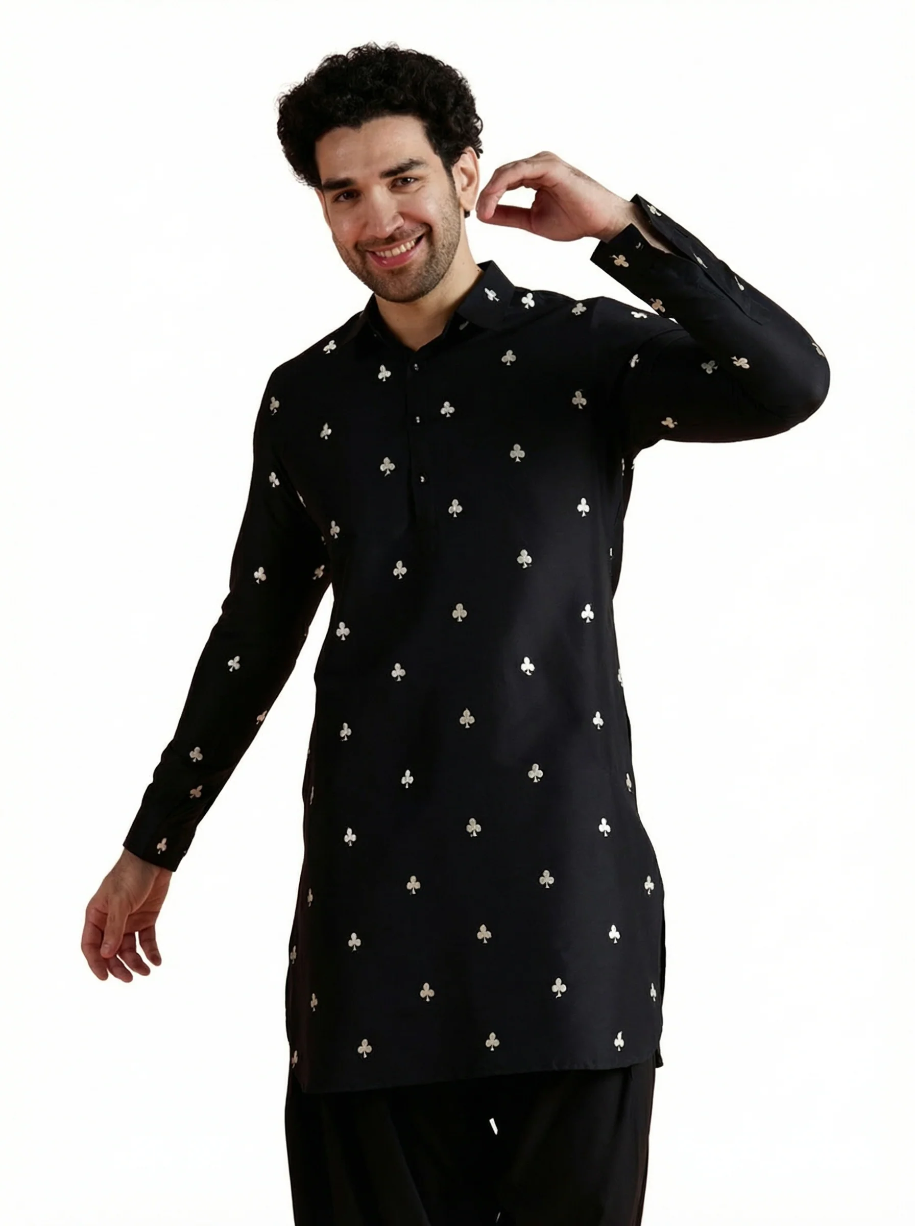 Black Cotton Embroidered Pathani Kurta - Image 10