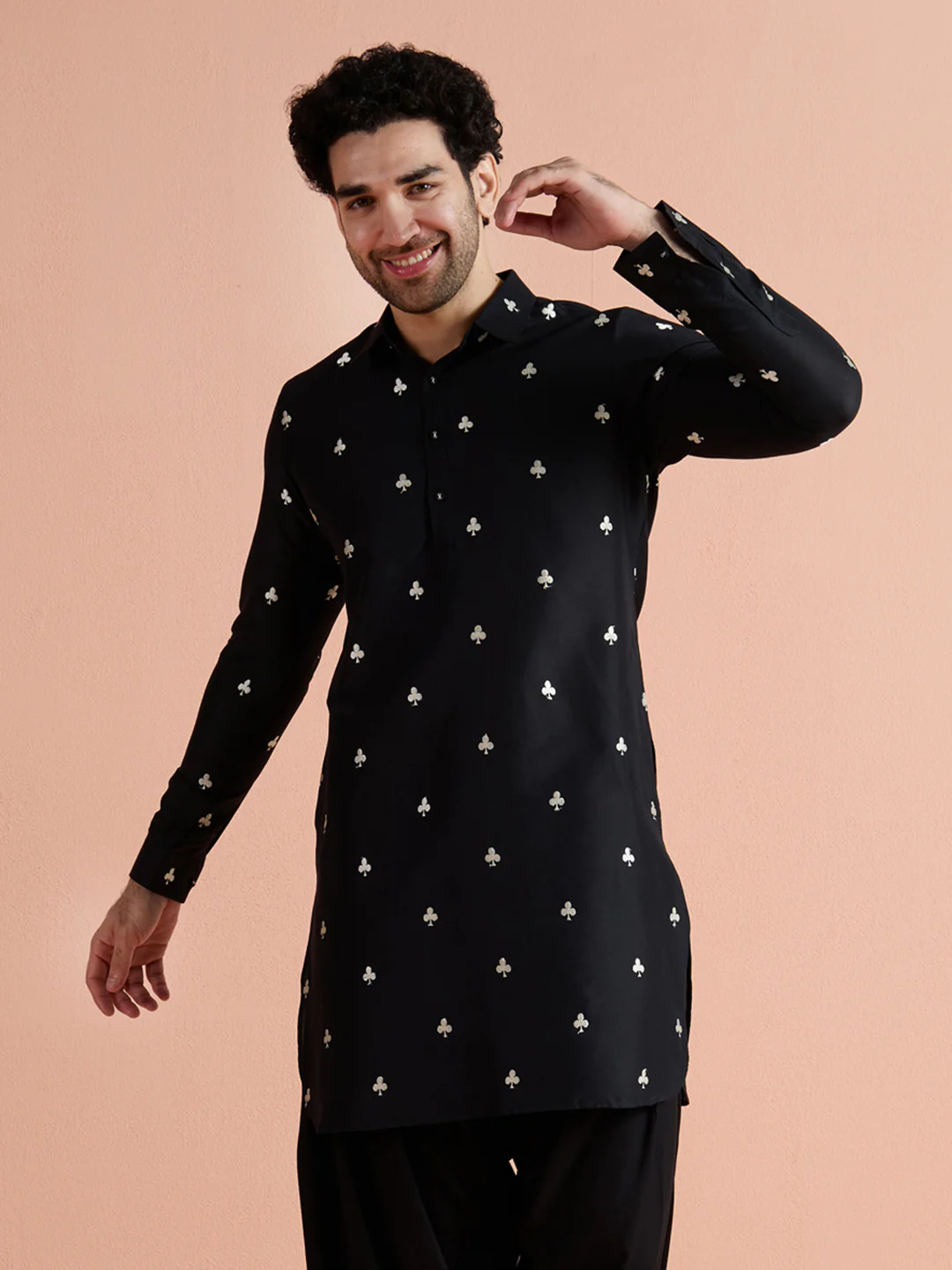 Black Cotton Embroidered Pathani Kurta - Image 2