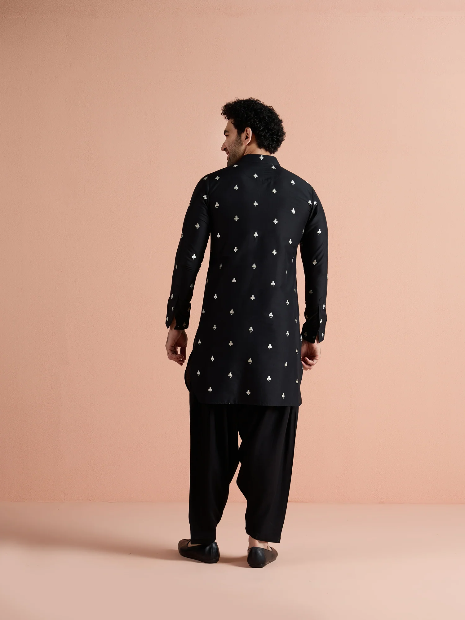 Black Cotton Embroidered Pathani Kurta - Image 5