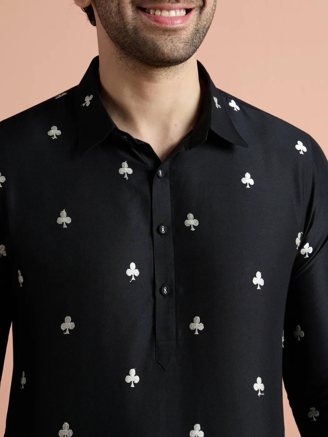 Black Cotton Embroidered Pathani Kurta - Image 6