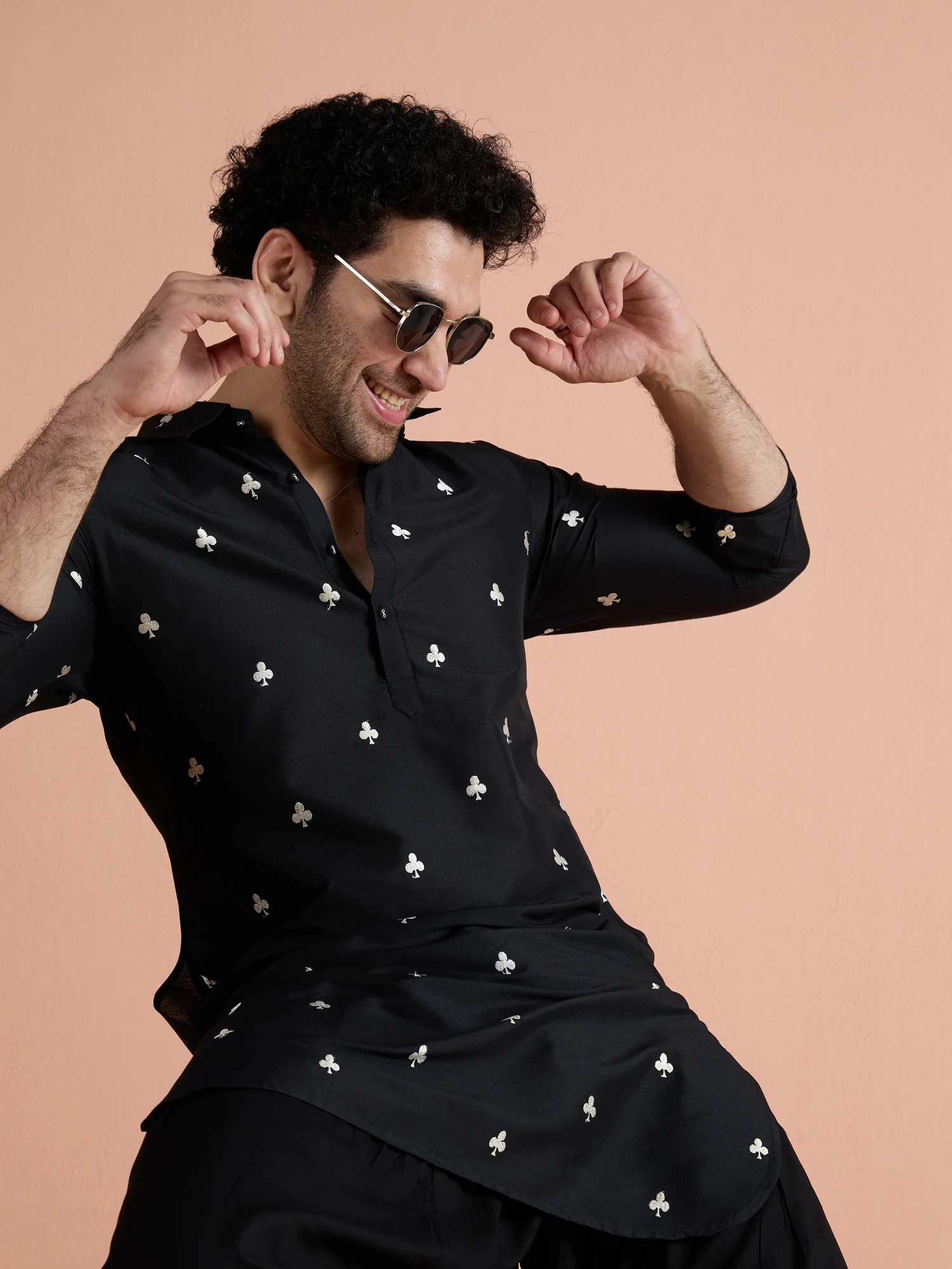 Black Cotton Embroidered Pathani Kurta - Image 8