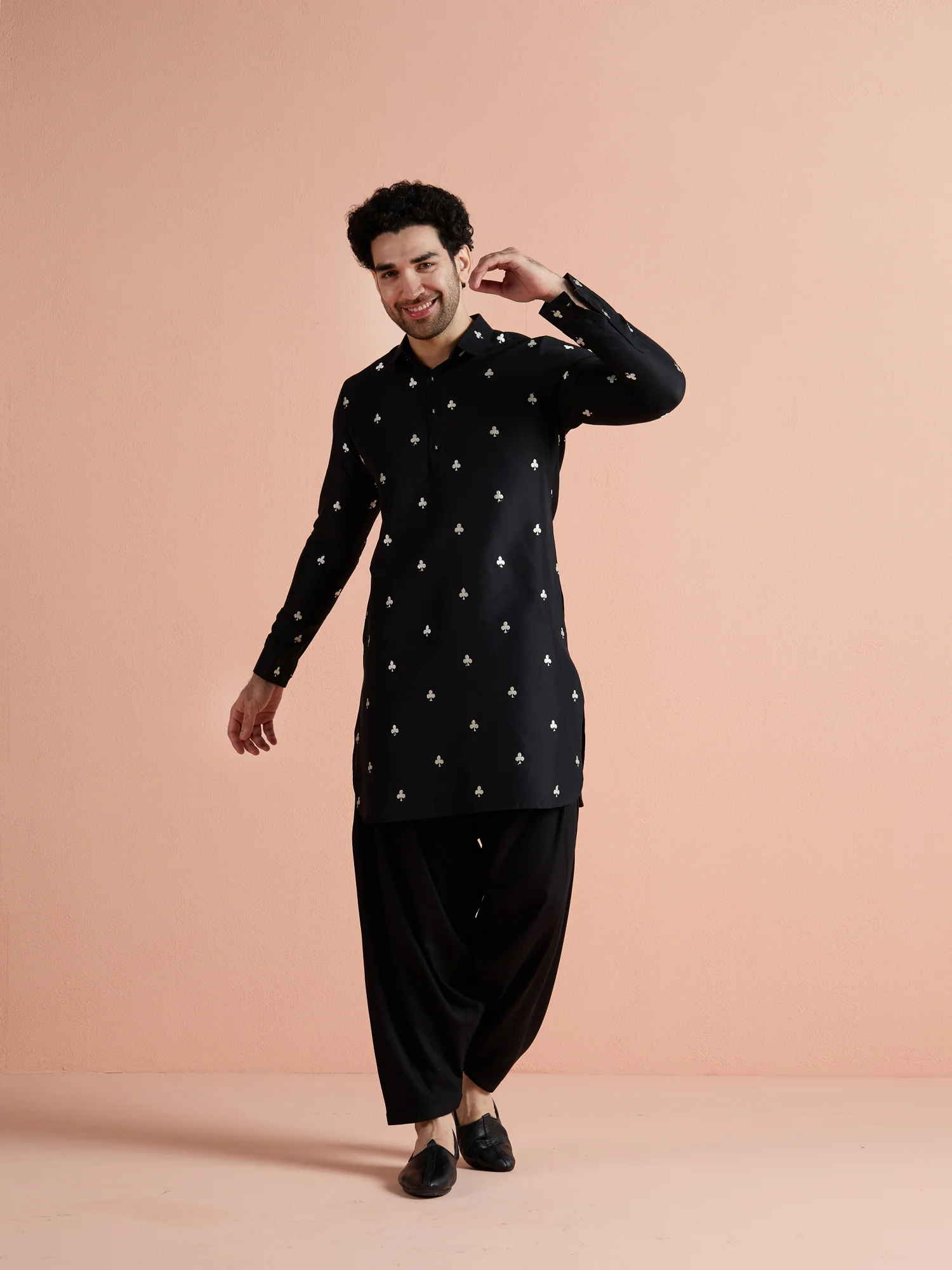 Black Cotton Embroidered Pathani Kurta - Image 9