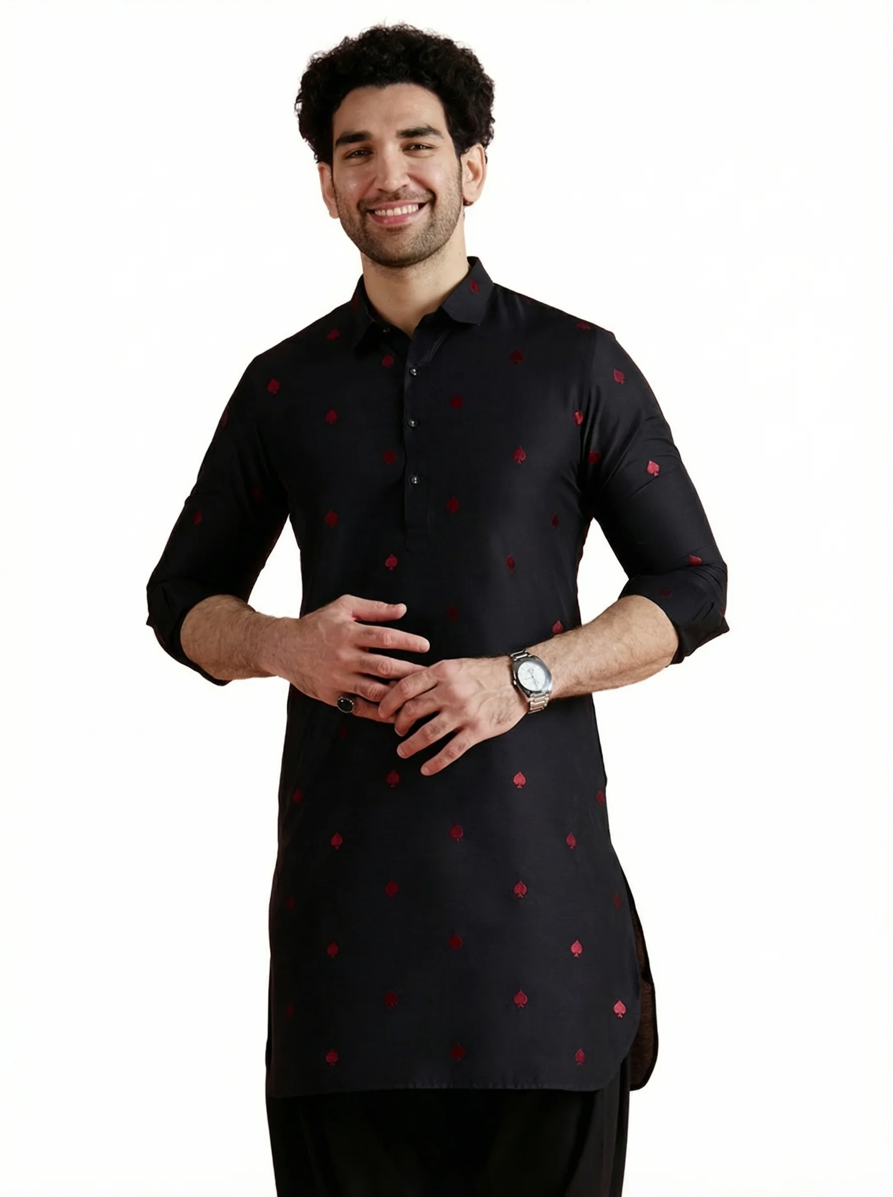 Black Cotton Embroidered Pathani Kurta - Image 11