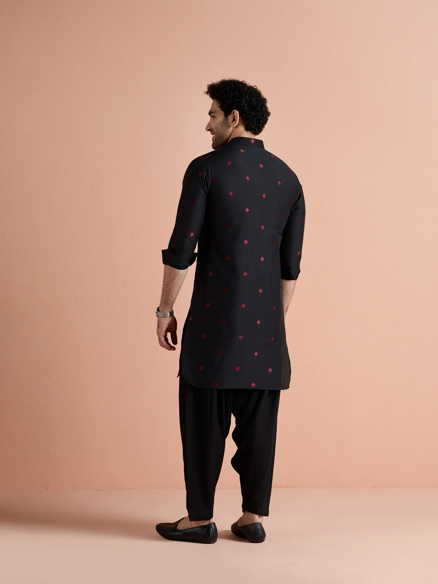 Black Cotton Embroidered Pathani Kurta - Image 5