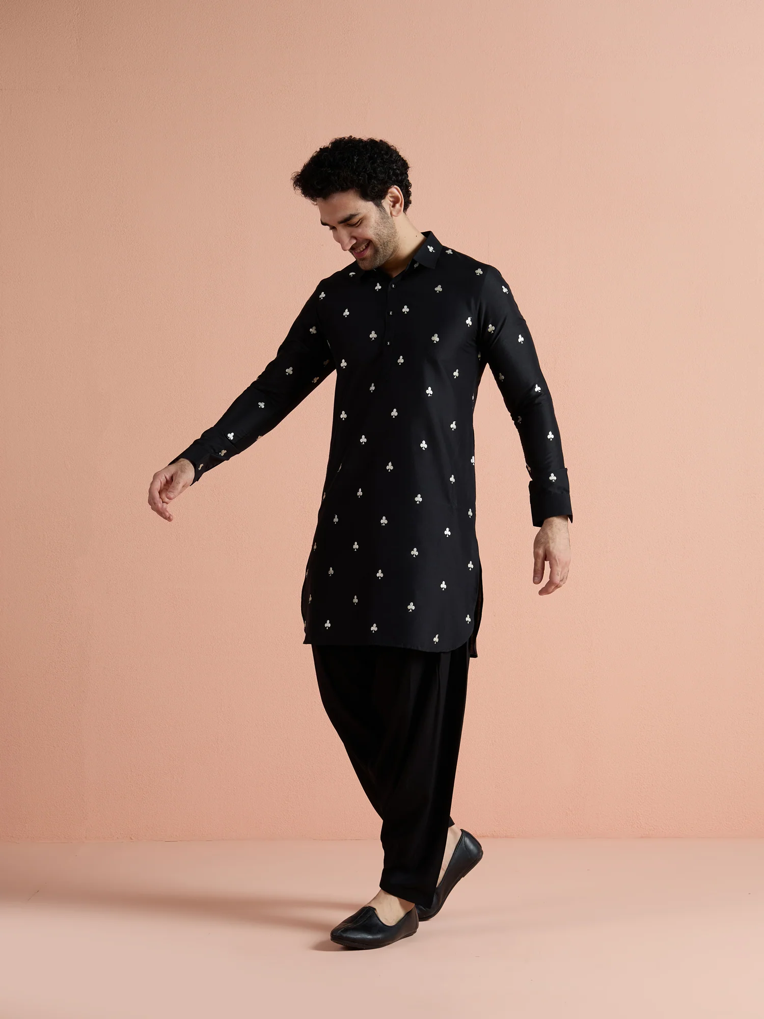 Black Cotton Embroidered Pathani Kurta Patiyala Set - Image 3