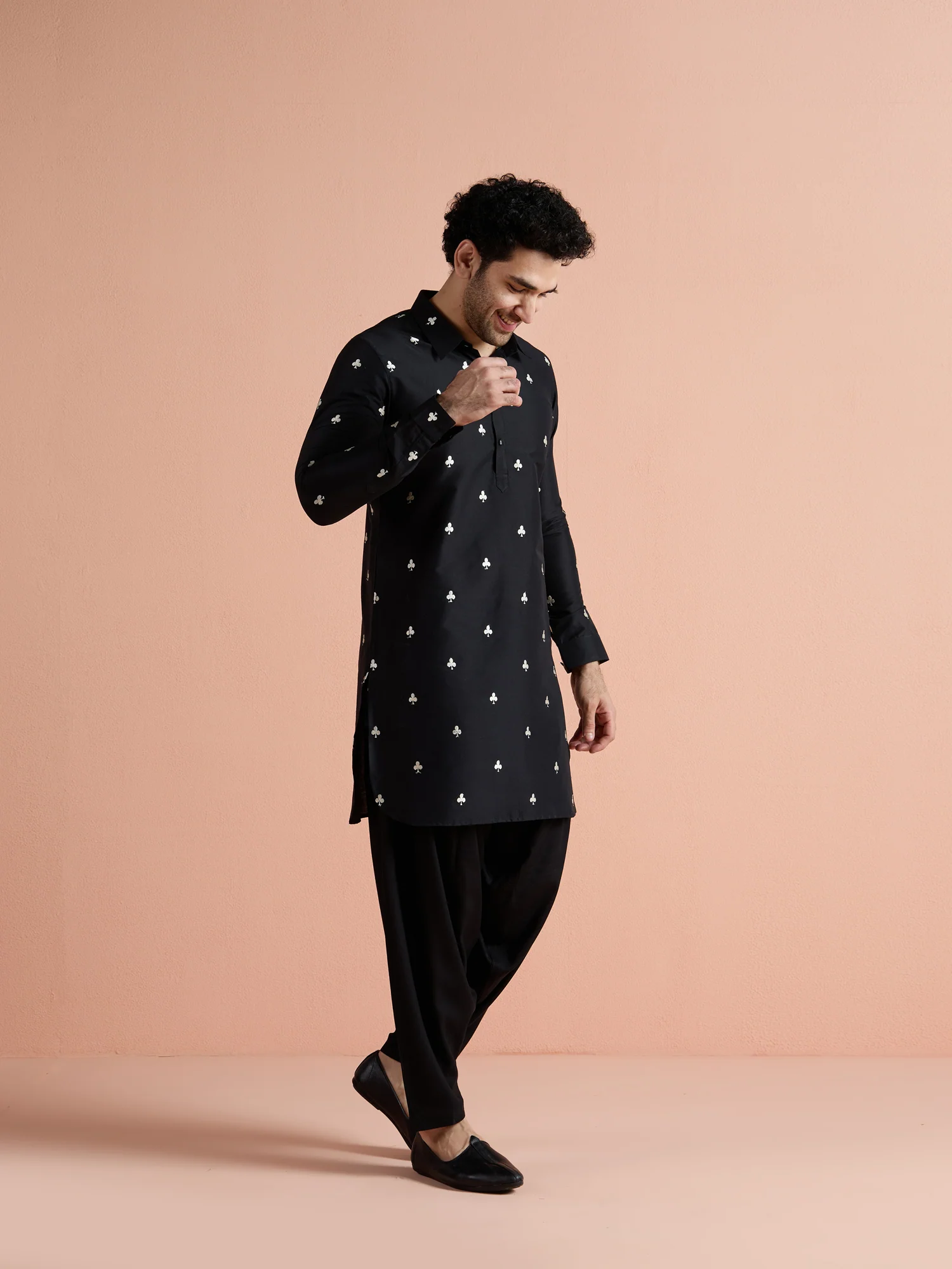 Black Cotton Embroidered Pathani Kurta Patiyala Set - Image 4