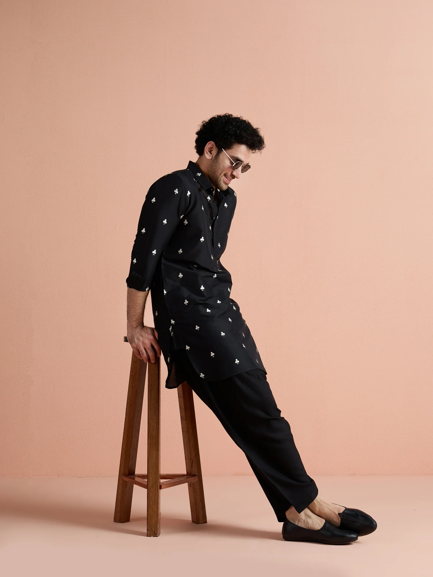 Black Cotton Embroidered Pathani Kurta Patiyala Set - Image 8