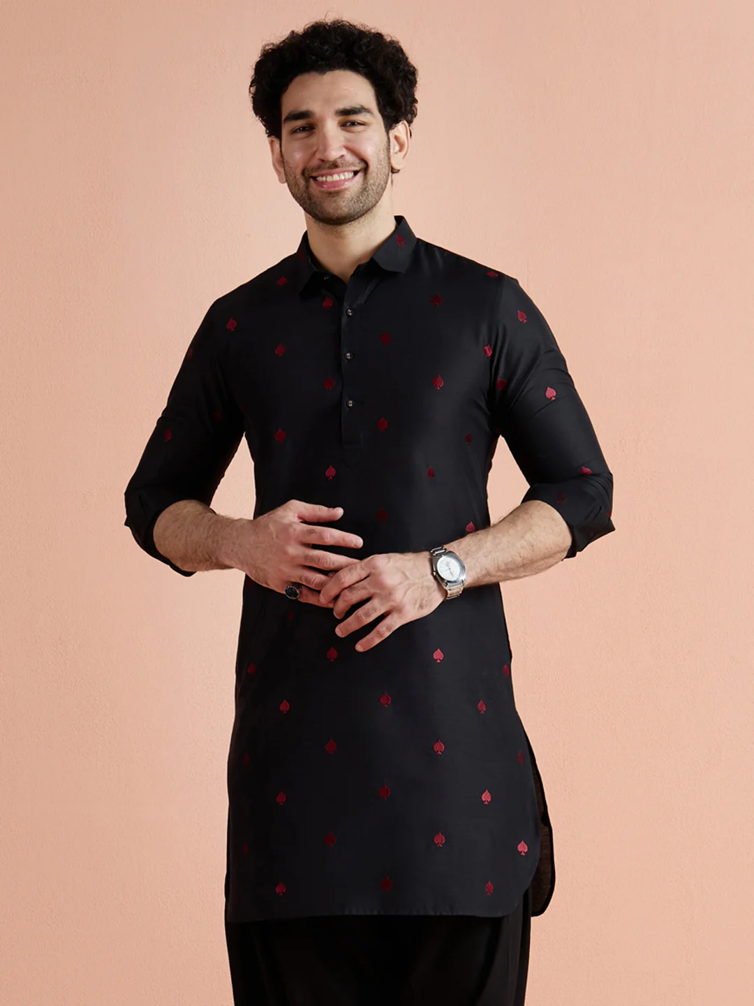 Black Cotton Embroidered Pathani Kurta Patiyala Set - Image 11