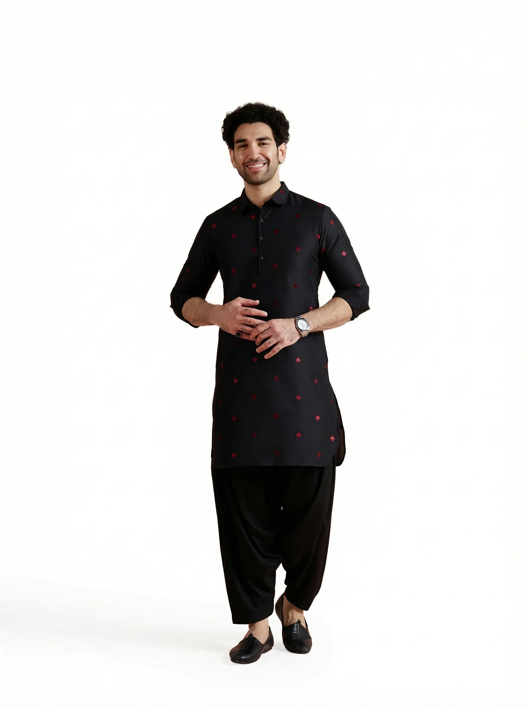 Black Cotton Embroidered Pathani Kurta Patiyala Set - Image 12