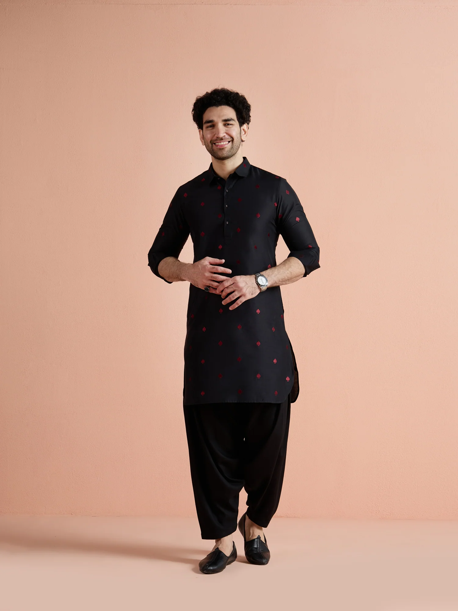 Black Cotton Embroidered Pathani Kurta Patiyala Set - Image 2