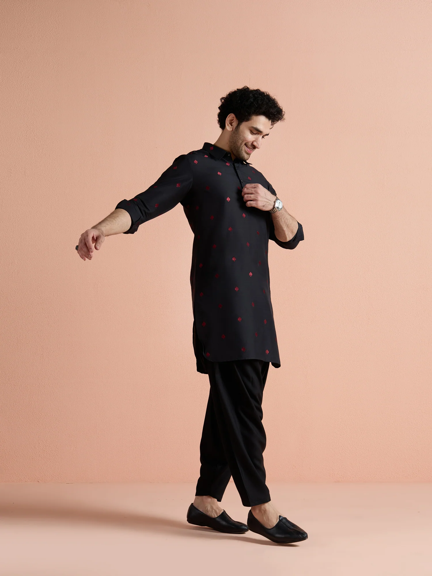 Black Cotton Embroidered Pathani Kurta Patiyala Set - Image 3