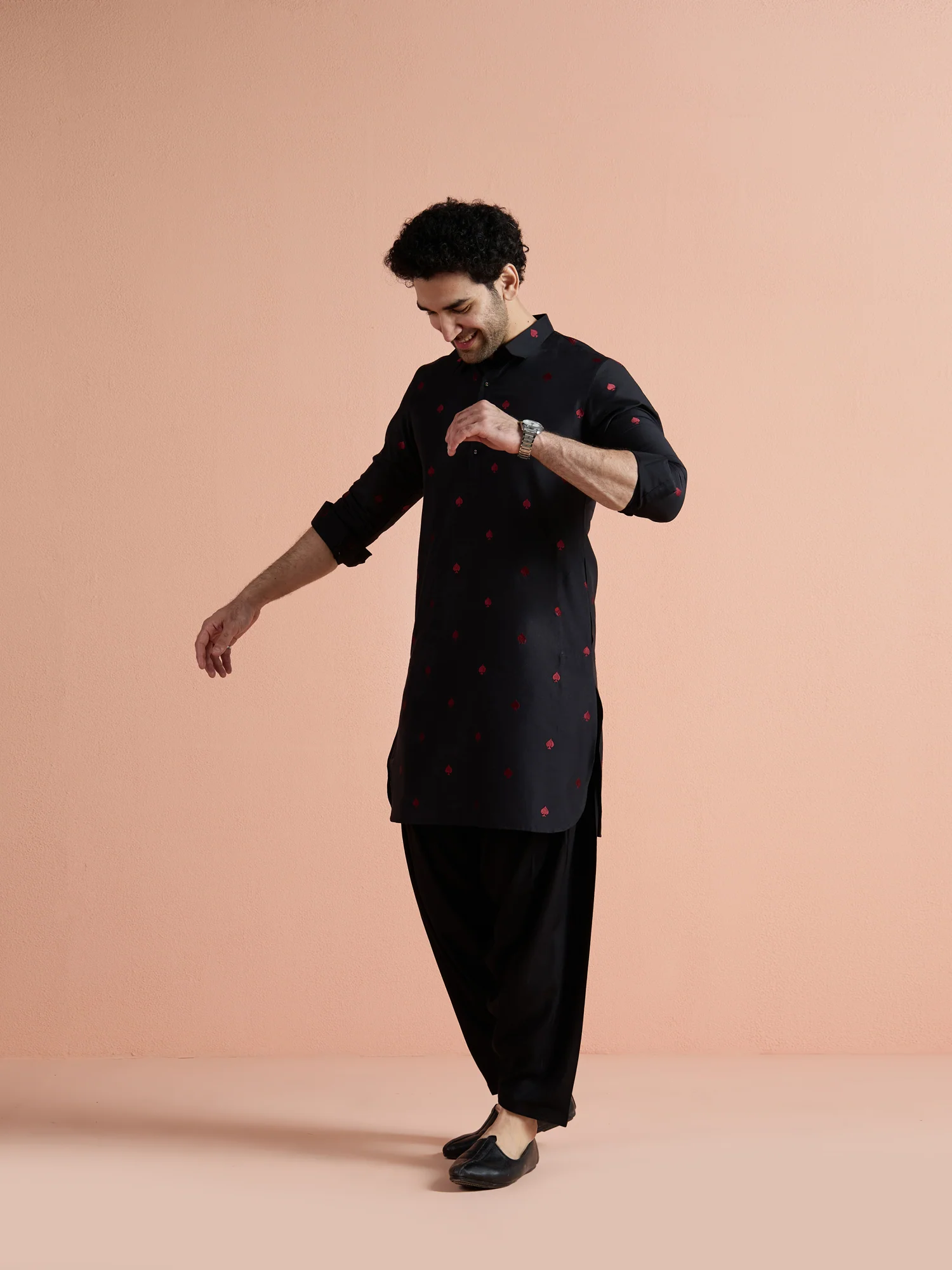 Black Cotton Embroidered Pathani Kurta Patiyala Set - Image 4