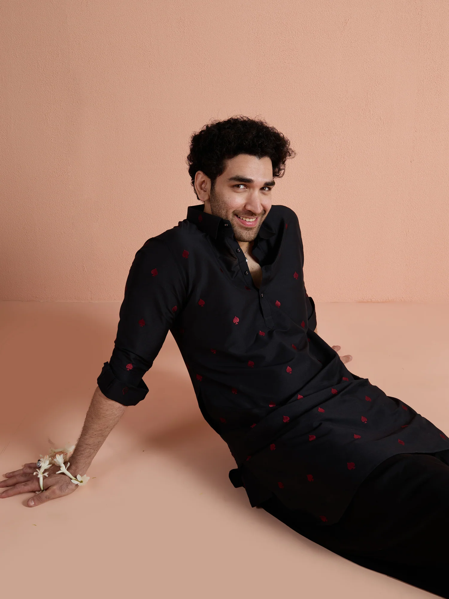 Black Cotton Embroidered Pathani Kurta Patiyala Set - Image 9