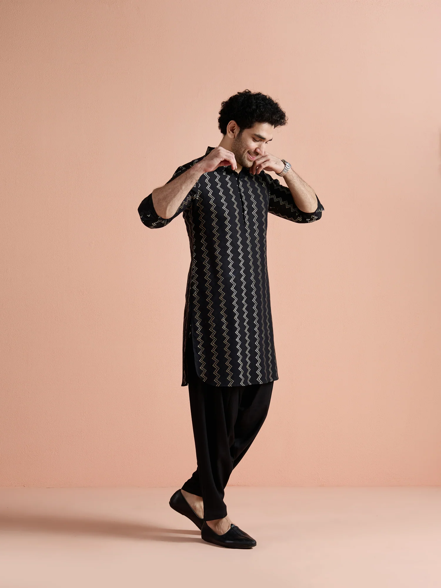 Black Cotton Jacquard Pathani Kurta - Image 3